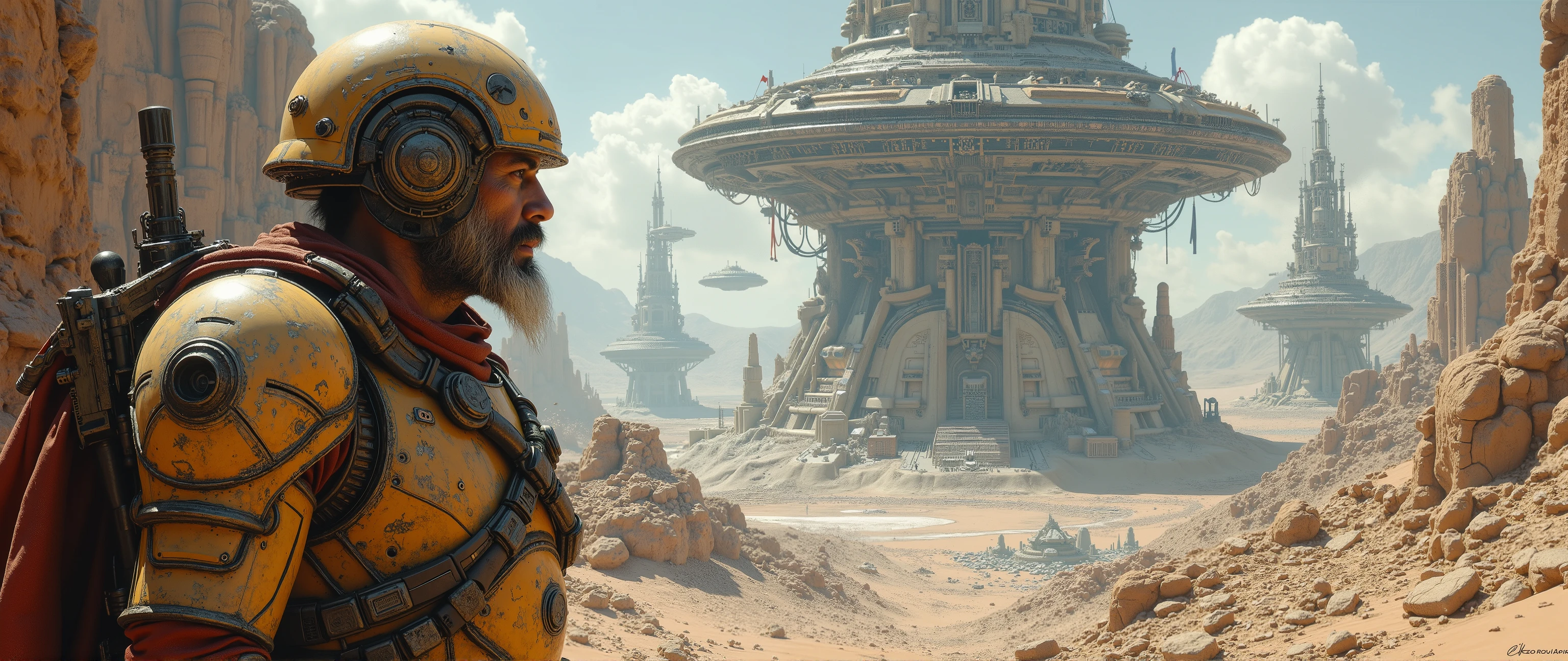     epic oil painting    , 16 thousand.,    photo quality,   The fantasy zone     , scrupulous drawing of all the little details, 10000 years     ,       is a very futuristic landscape with fantastic warriors and rymen      ,      , incredible detail with thousands of small details       ,    a powerful veteran ry warrior in incredibly high-tech armor of the future without a helmet watches the imperial mega colony ,    Universe , ,  all accents on the veteran's face close-up,   the face shows all the scars and wrinkles of a battle-hardened warrior, a veteran is surrounded by his professional military guard, all warriors have incredibly high-tech railguns, flagship fleet mega starships are flying in the sky