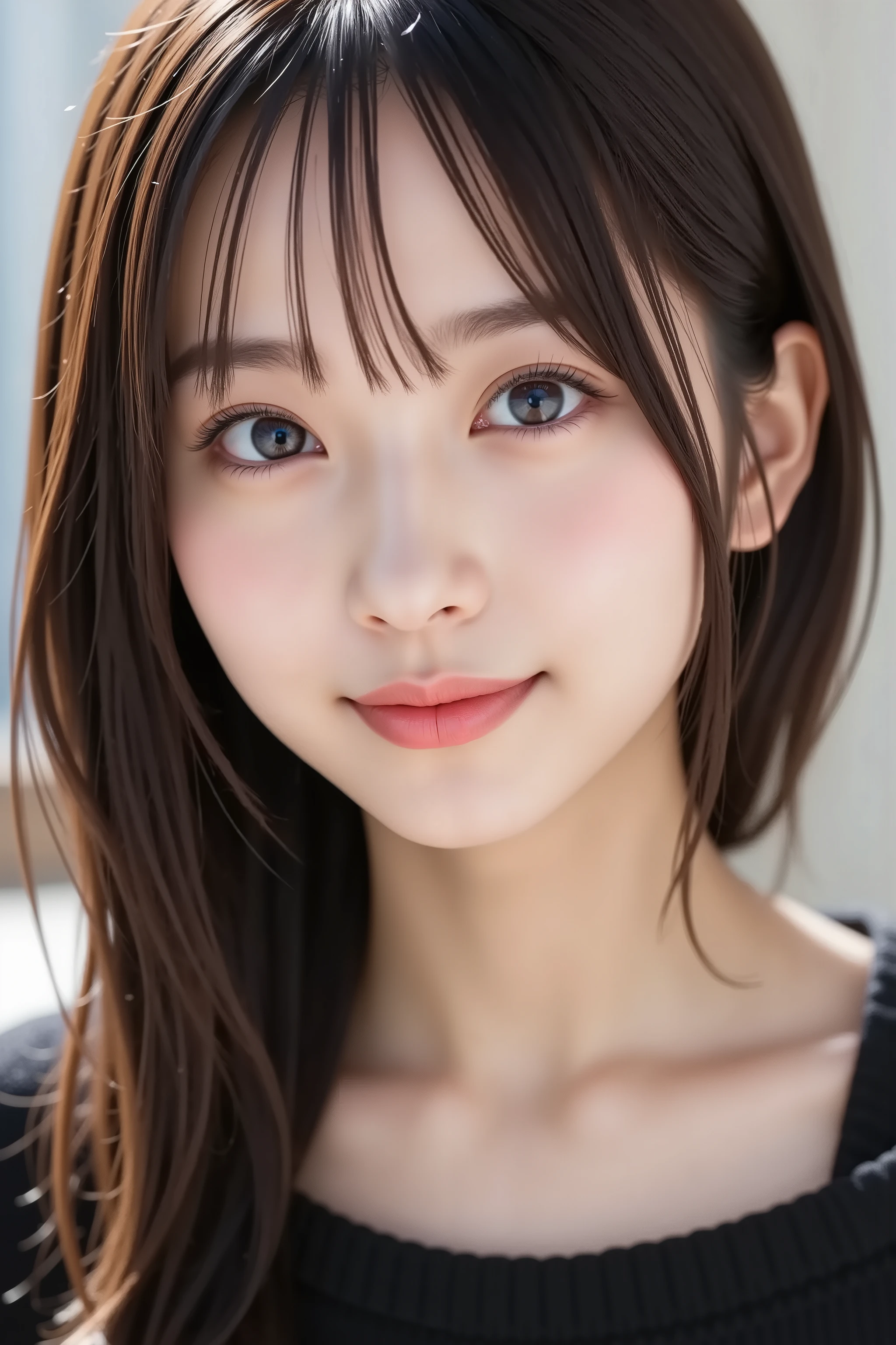 The face is positioned exactly in the center of the image , fully reflects the entire head , Face clearly visible、 black sweater, Hospital room, long hair caught in a hole、bungs, smile, young and cute japanese face , Official Art, high image quality CG Unity 8k wallpaper,Ultra high image quality , very well detailed, high image quality , Film Grain , lens flare glow , Top Quality ,8k, as a portrait shot ,8k, viewer , masterpiece,Top Quality ,very well detailed, it's cute , sexy,very well detailedな,Detailwear Features ,beautiful, illustration of a woman with a penis , beautiful Japanese woman, ladies 1 , Tight Chest