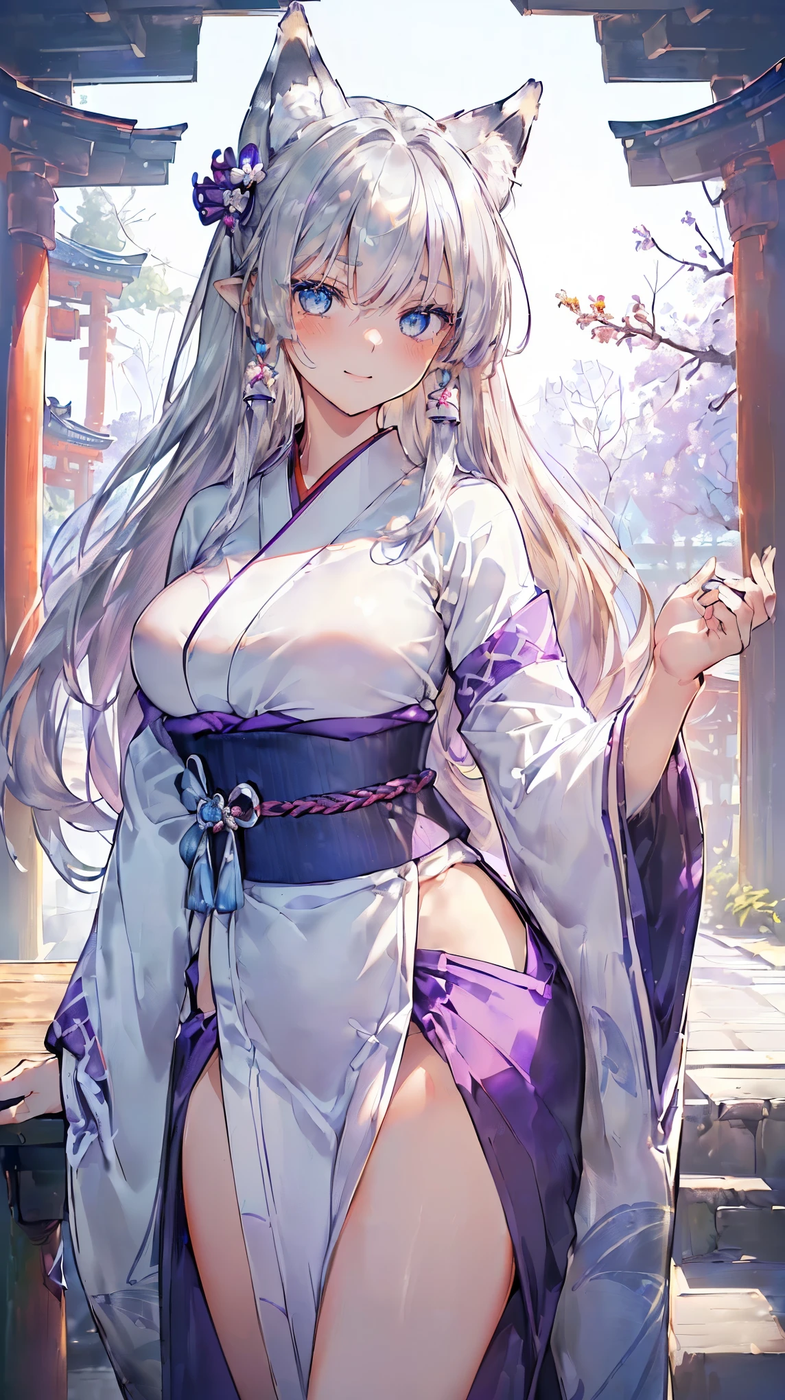 Girl, , fair skin, long white hair braided in one ponytail, purple eyes, white yukata with open legs and sakura petals, slender, beautiful legs, black belt, black gloves, purple sakura flowers, purple long cloak, detailing, perfect, red and black bracelets on legs and arms, wooden high heel shoes, kitsune, kanzashi, big breasts, big butt