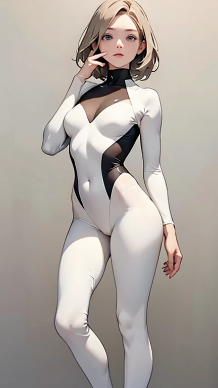 A young beautiful barefoot woman with white dyed hair in a high bun wearing a matte black skintight fullbodysuit, looking happy.