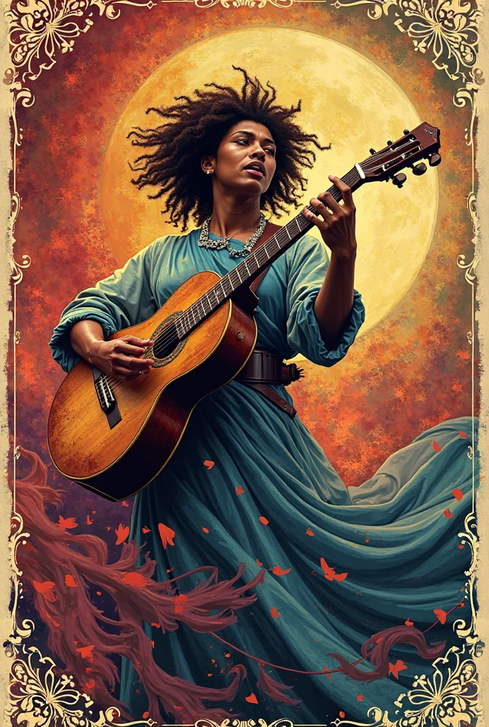 iza brazilian singer look a like, balck women, braids, small breast, curvy body, female bard, with purple sexy clothes,singing, playing lute, RPG character, medieval fantasy, close up portrait