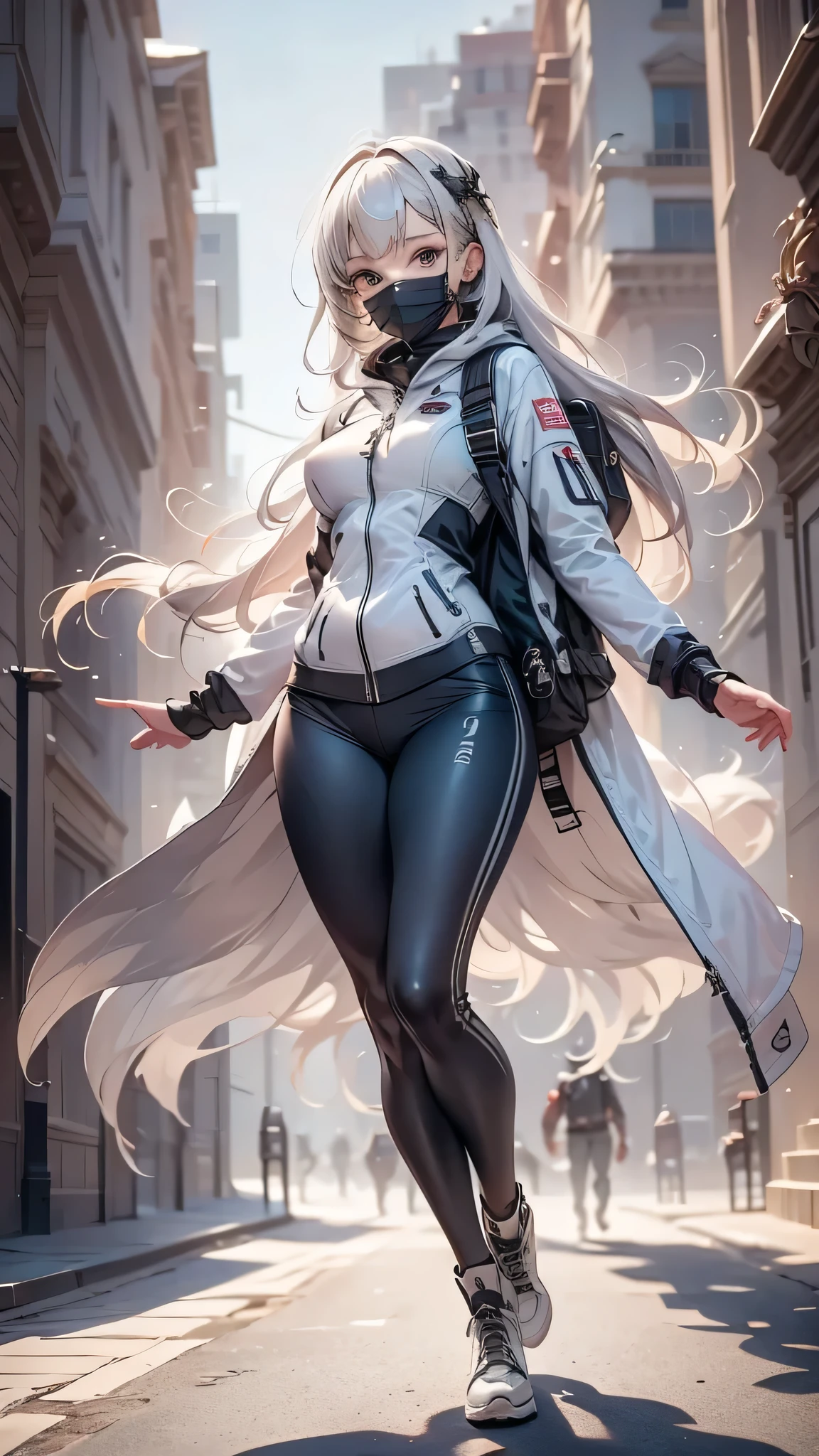 1girll,focal point：Shoot from head to shoe full body！ （Full body shooting from head to shoe），helmet, Hood, Solo, Spacesuit, Extra-long_Hair, bangs, Jacket, The upper part of the body_Body, White_Hair, bag, Blurry, Coat, Grey_Eyes, Mask, Blurry_Background, Backpack, zippers, Mouth_Mask, Covered_Mouth, Urban tech clothing, Outfit，lowerbody，Fair long legs，Unequal network leggings，with light glowing，zippers，Mechanical loot，Full body shooting from head to toe。