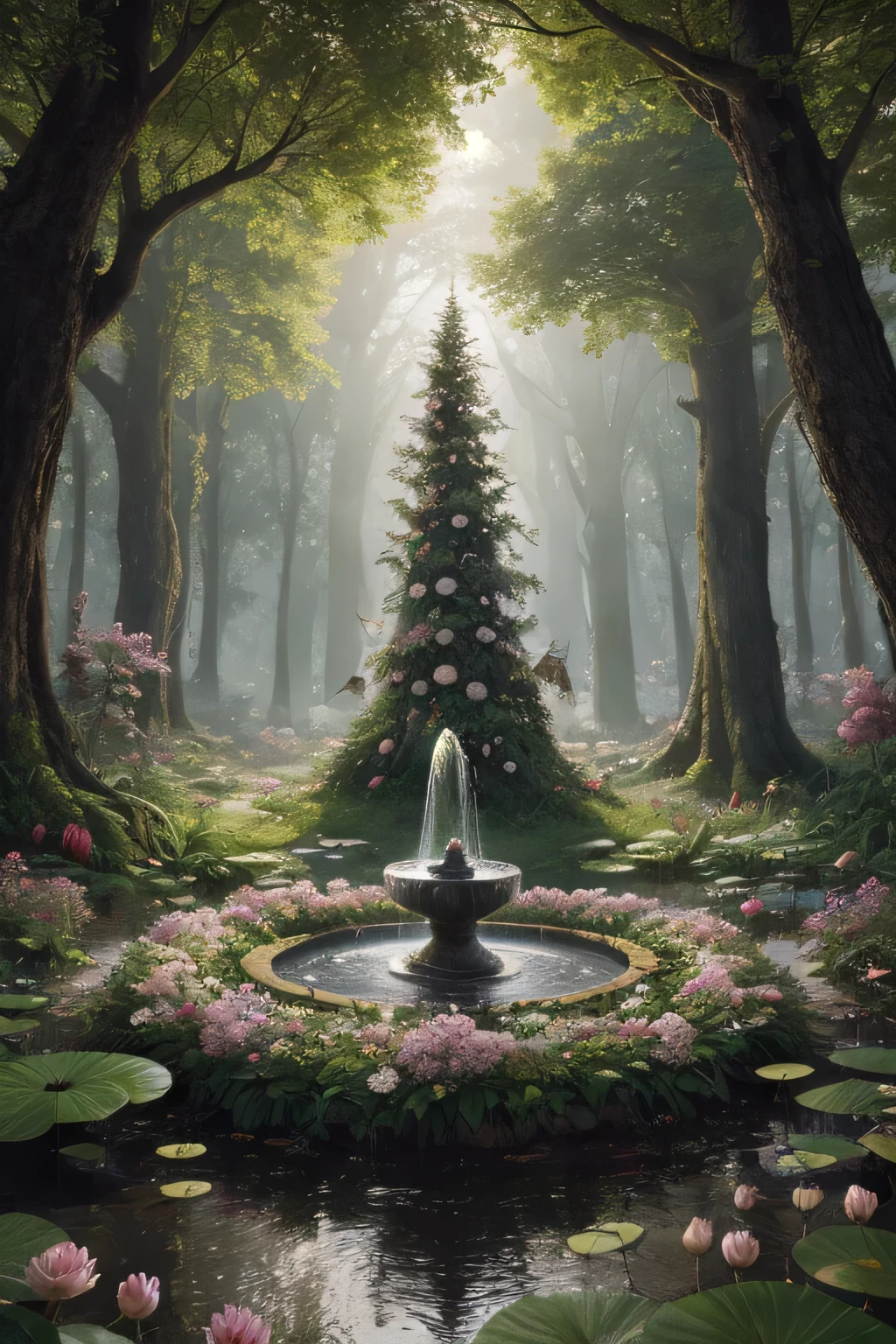 trendy colors in ArtStation, beautiful fancy highly detailed, surrealistic, birds , butterflies, beautiful fancy cartoon, flores, Swirls, pearls, forest, Fungus , beautiful fancy fairy butterflies, beautiful fairy birds , Water lilies, elf, elves, rose, peonies , dandelions, fairy forest, forest, beautiful, fancy, Swirl, fairy flowers, fairy Fungus , fairy trees, meadow, field, lanterns, candles, luz, lake, Water, raindrops, Waterstream, soap bubbles, huge Fungus , houses, Chozas, fancy fairy girls, people, humans, streetlights, light poles, Water fountain, fairyland portal, Fairy Land, huge Fungus , subsurface dispersion, Ultra high definition, 4k, high definition, Photorealistic, Hyperrealistic, hyperdetailed, Analog style, realistic, masterpiece, the best quality, ultra realistic, 8K, intricate, high detail, analog photograph, soft luzing, heavy shadow
