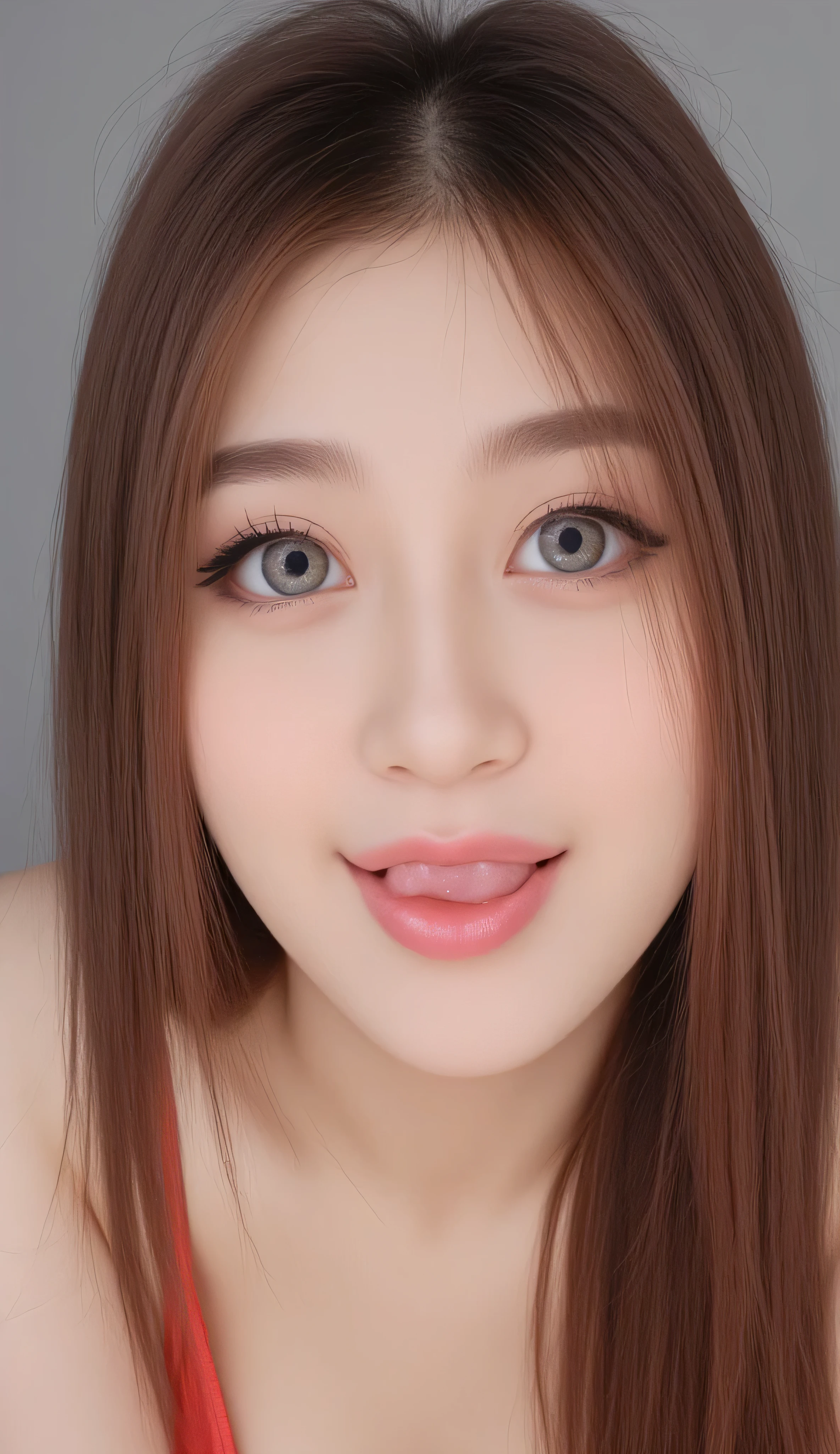((Best Quality, 8K, Masterpiece: 1.3)), hot korean e-girl streamer makeup, tank top that emphasize perfect big cleavage, cleavage line is slightly exposed, wide round-shaped cleavage line going down perfectly as being squeezed, amazing breast enhancement, refresh, hard blush make up: 1.5, perfect long strong thick winged eyeliner, perfect winged eyeliner, perfect soft cleavage, eagerly desires your cum on her breasts, tongue out, perfect , chubby chin, baby face, beautiful eyes detail, upper body composition, perfect full red lips, lively face, lustful look, perfect squeezed breast cleavage line, rounded cleavage line, feeling exceptionally raw and seduced, perfection, perfect mascara, skin detail, she absolutely fucking loves the cum on her breasts, she absolutely fucking loves showing her cleavage to you, refined eyelashes, refined eyeliner, perfect composition, she craves you strongly, looking at you, leaning very forward, white highlight in eyes , begging, nsfw: 1.3, tongue out: 1.3, she's like "mhm you like my amazing breasts?”, extremely excited to see you orgasm, perfect soft natural like breast that gives a clear perfect soft cleavage, long eye lashes: 1.3, beautifully and perfect eye, beautiful, brown eyes: 1.3, at the verge of climax, ahegao, camera frames in whole body, thick eye brows, ahegao eyes staring at you: 1.6, standing, detailed skin, view of cleavage, cum on face, pressing up her breasts with her delicate hands