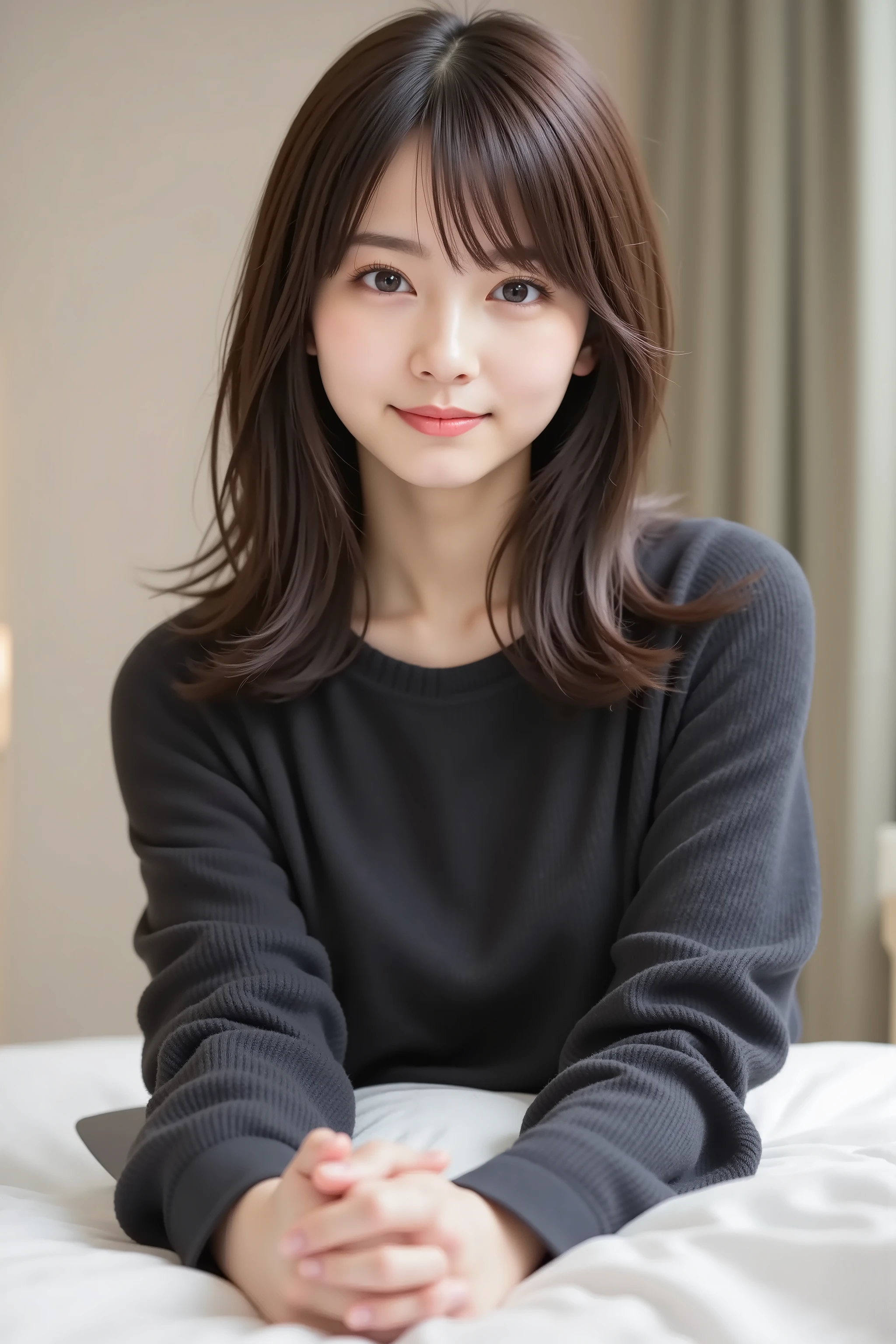 The face is positioned exactly in the center of the image , fully reflects the entire head , Face clearly visible、 black sweater, Hospital room, long hair caught in a hole、bungs, smile, young and cute japanese face , Official Art, high image quality CG Unity 8k wallpaper,Ultra high image quality , very well detailed, high image quality , Film Grain , lens flare glow , Top Quality ,8k, as a portrait shot ,8k, viewer ,  masterpiece,Top Quality ,very well detailed, it's cute , sexy,very well detailedな,Detailwear Features ,beautiful, illustration of a woman with a penis , beautiful Japanese woman, ladies 1 , Tight Chest 