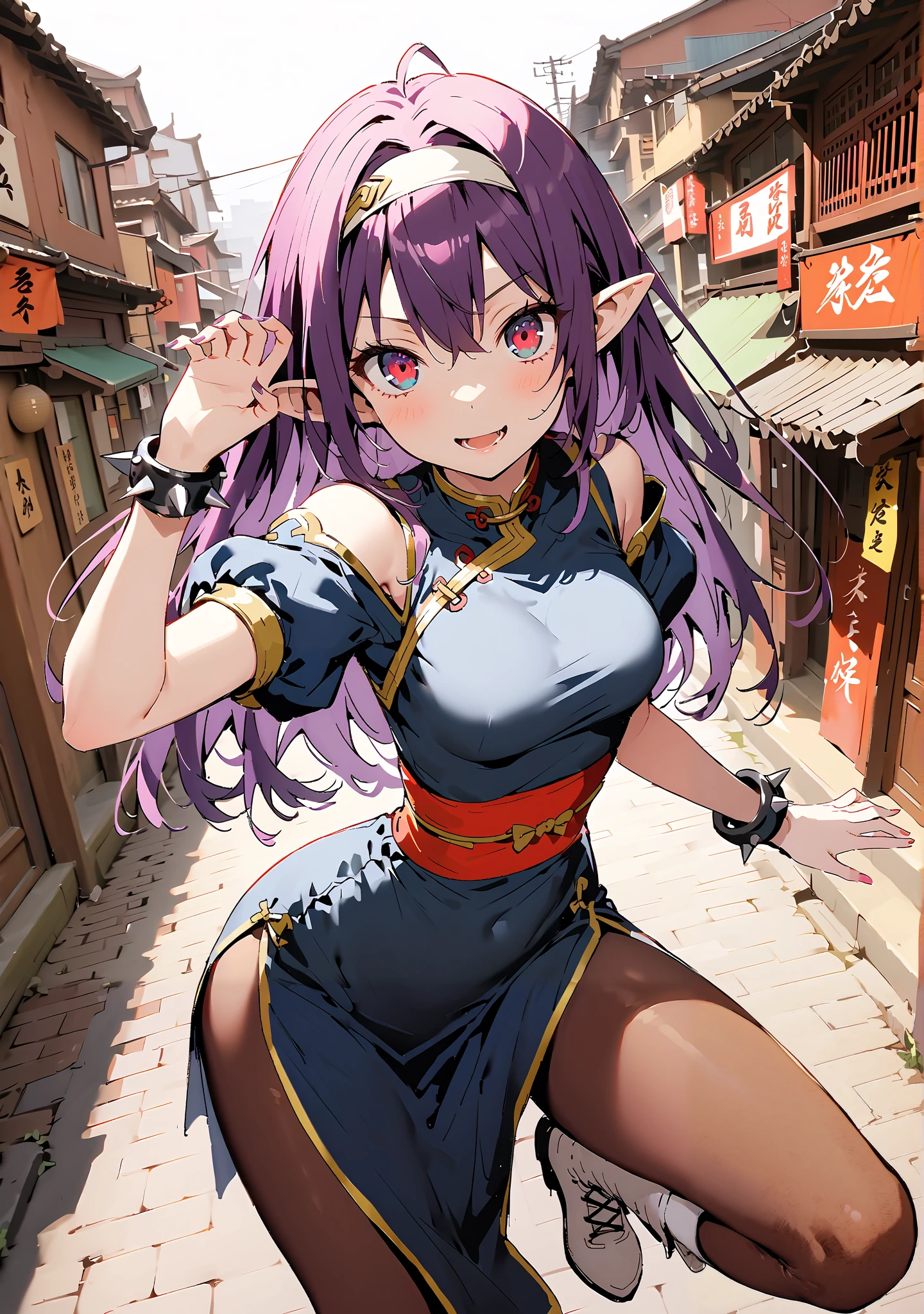 score_9, score_8_up, score_7_up, source_anime,
yuukiKonno, Konno Yuuki, headband, long hair, pointed ears, purple hair, red eyes, double chauban ,serious,and open your mouth,chunlicosplay, Chunli \(cosplay\), blue dress, boots, bracelet, brown pantyhose, china dress, Chinese clothes, cross lace footwear, dress, gold trim, jewelry, pantyhose, pelvic curtain, puff sleeve, band, short sleeve, side slits when it comes out, spiked bracelet, spike, White footwear,That's right.,standing, leg up, Leg lift, Beautiful cityscape, combat posture,full bodyがイラストに入るように, break outdoors,Chinatown,
break looking at viewer,full body,
break (masterpiece:1.2),Top Quality , kampala, Unity 8K Wallpaper ,(shape:0.8),( fine, beautiful eyes :1.6),It's a person ,full body写真,CG Details , (perfect hands with full nudity, complete anatomy),