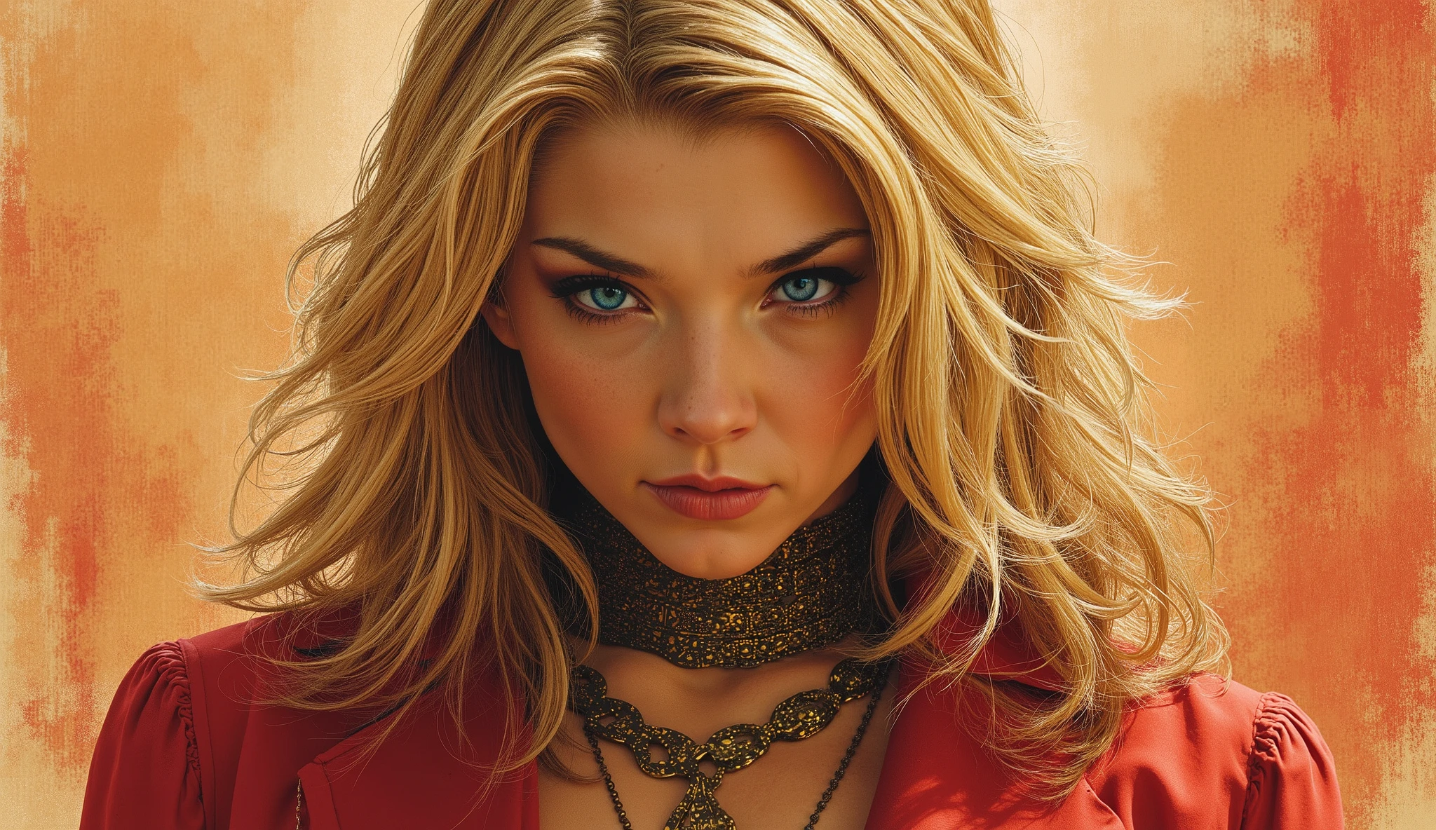 A highly detailed dark fantasy illustration of an enigmatic young woman in her late s portrayed by a young Katee Sackhoff with pale skin blonde hair and piercing blue eyes in a spaghetti western meets dystopian post apocalyptic scene with a look on her face that is somewhere between inviting and alluring and sinister and mischievous centered in the frame in an art style inspired by Frank Miller and Conan the Barbarian. Her blonde hair flows down her back in voluminous waves, styled in a slightly tousled manner that adds dynamism to the portrait. The lighting is soft and diffused, casting subtle shadows and highlights that emphasize her facial features and the texture of her clothing while maintaining a somber mood. The background consists of textured brushstrokes in shades of sandy tans and rich coral oranges, which enhance the overall atmosphere without drawing attention away from the subject. The composition centers on the character's intense gaze, creating a captivating portrait with an alluringly somber thoughtful expression.