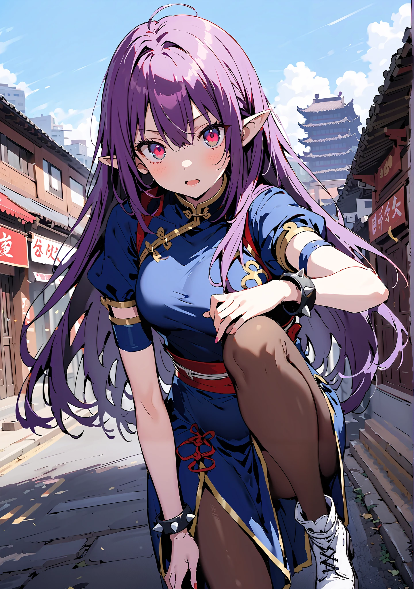 score_9, score_8_up, score_7_up, source_anime,
yuukiKonno, Konno Yuuki, headband, long hair, pointed ears, purple hair, red eyes, double chauban ,serious,and open your mouth,chunlicosplay, Chunli \(cosplay\), blue dress, boots, bracelet, brown pantyhose, china dress, Chinese clothes, cross lace footwear, dress, gold trim, jewelry, pantyhose, pelvic curtain, puff sleeve, band, short sleeve, side slits when it comes out, spiked bracelet, spike, White footwear,That's right.,standing, leg up, Leg lift, Beautiful cityscape, combat posture,full bodyがイラストに入るように, break outdoors,Chinatown,
break looking at viewer,full body,
break (masterpiece:1.2),Top Quality , kampala, Unity 8K Wallpaper ,(shape:0.8),( fine, beautiful eyes :1.6),It's a person ,full body写真,CG Details , (perfect hands with full nudity, complete anatomy),
