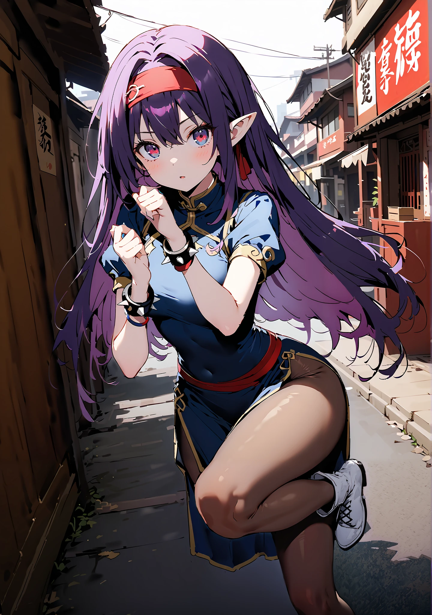 score_9, score_8_up, score_7_up,  source_anime,
 yuukiKonno, Konno Yuuki, headband, long hair, pointed ears, purple hair, red eyes, double chauban ,serious,and open your mouth,chunlicosplay, Chunli \(cosplay\), blue  dress, boots, bracelet, brown pantyhose, china  dress, Chinese clothes, cross lace footwear,  dress,  gold trim,  jewelry, pantyhose, pelvic curtain, puff sleeve, band, short sleeve, side slits when it comes out, spiked bracelet, spike, White footwear,That&#39;s right.,standing, leg up, Leg lift, Beautiful cityscape, combat posture,full bodyがイラストに入るように,                                                        break outdoors,Chinatown,
break looking at viewer,full body,
break (masterpiece:1.2),Top Quality , kampala, Unity 8K Wallpaper ,(shape:0.8),(  fine, beautiful eyes  :1.6),It's a person ,full body写真,CG Details , (perfect hands with full nudity, complete anatomy),
