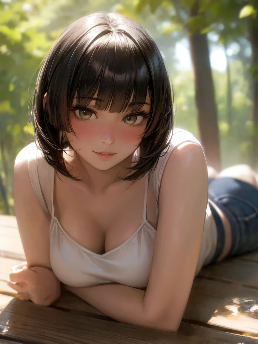 girl in summer clothes, white t-shirt, black leggins, making as if she wants to kiss you, (girl bending down looking at camera), medium breasts, cleavage, random background, flirtatious look, ((very detailed)), (perfectly detailed face), (well detailed hand) photorealistic image.