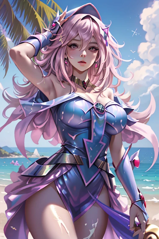 (beach:1.5), high detailed, 8k, highres, (k/da all out ahri), ahri \(league of legends\), league of legends, 1girl, k/da (league of legends), animal ears, solo, fox ears, long hair, blonde hair, hand on hip, blue eyes, idol, facial mark, looking at viewer, gloves, pink hair, fingerless gloves, whisker markings, breasts, makeup, lips, skirt, hair ornament
