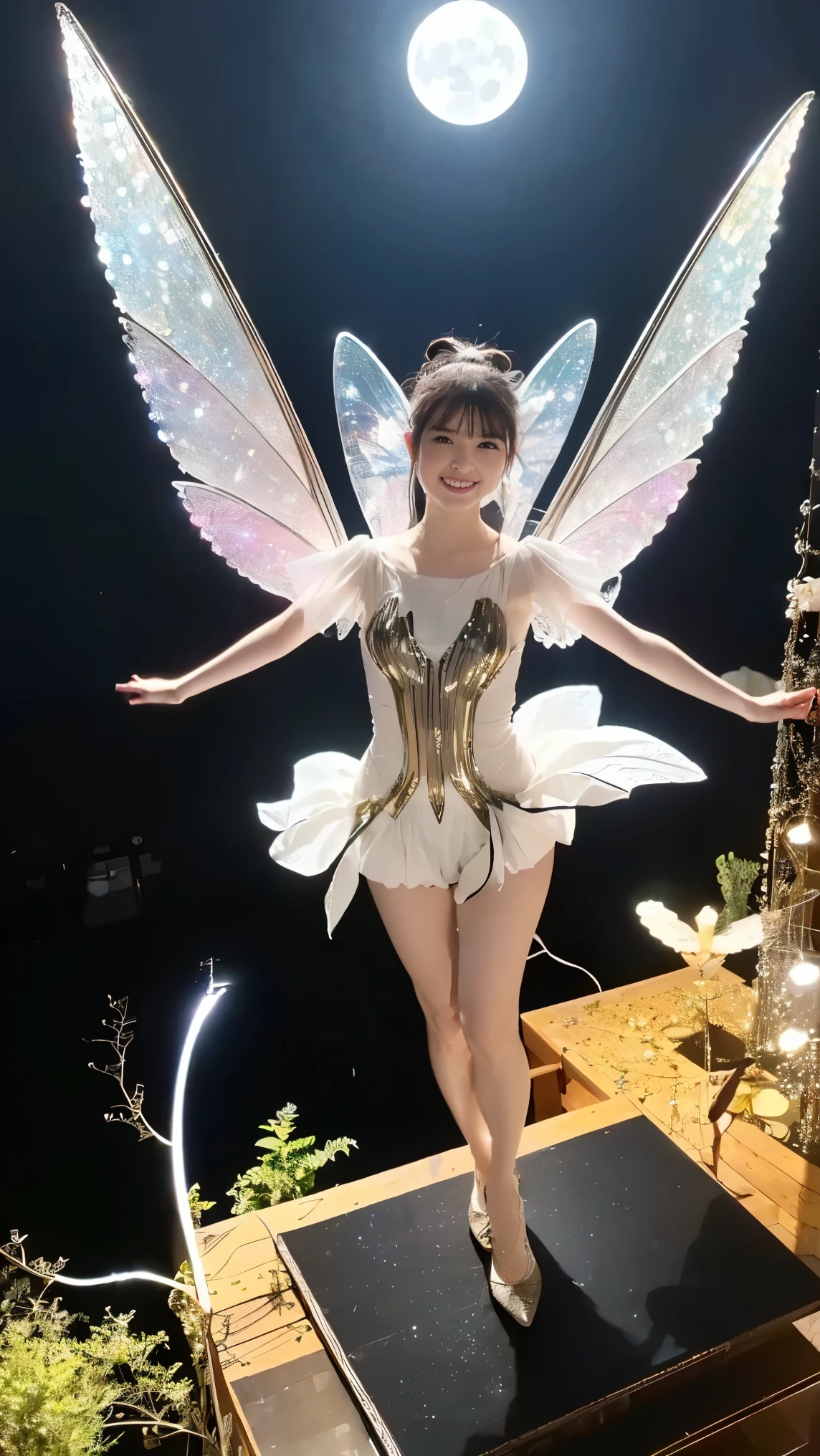 best quality, beautiful, ultra detailed, a girl, ((fairy, angel)), (( flying in the sky)), ((Fairies flying in the starry sky)), ((Tinkerbell), glad, delightful, smiling, wink, looking at viewer, ponytail, with a starry sky, ((fantasy, beautiful)), realistic photo, full body shot, ground-level shot, wide shot, moonlight, shining lights