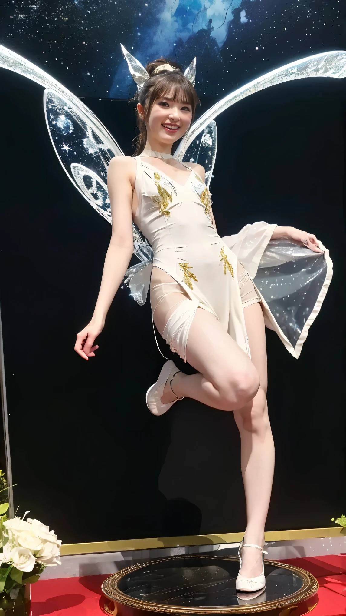 ((top-quality、​masterpiece:1.3)), fullllbody, long legged, foco nítido:1.2, Cute woman with perfect body shape smiling face:1.4, Slender Abs:1.1, ((dark brown  hair、hugetits:1.2)), (Sexy dress skating from chest to navel、Veil of white latex、White latex long gloves、White Thigh Boots, White butterfly wings、is standing:1.2), ((chapel:1.3)), Highly detailed facial and skin texture, A detailed eye, 二重まぶた、hugetits、You can see up to your feet
