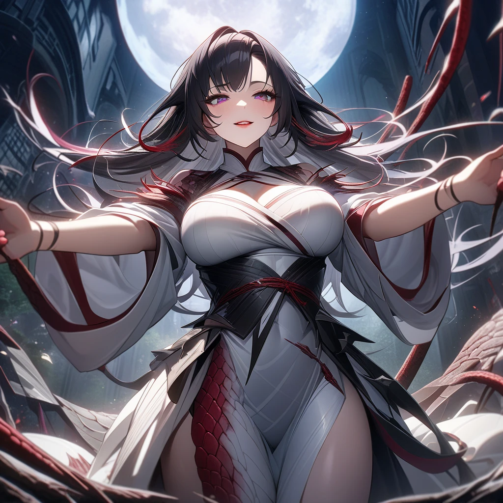 masterpiece, best quality, MTSpiderV4, 1girl, solo, white skin, long hair, breasts, beads, japanese clothes, ((white kimono)), silk, stone, forest, aurora borealis, spider web,