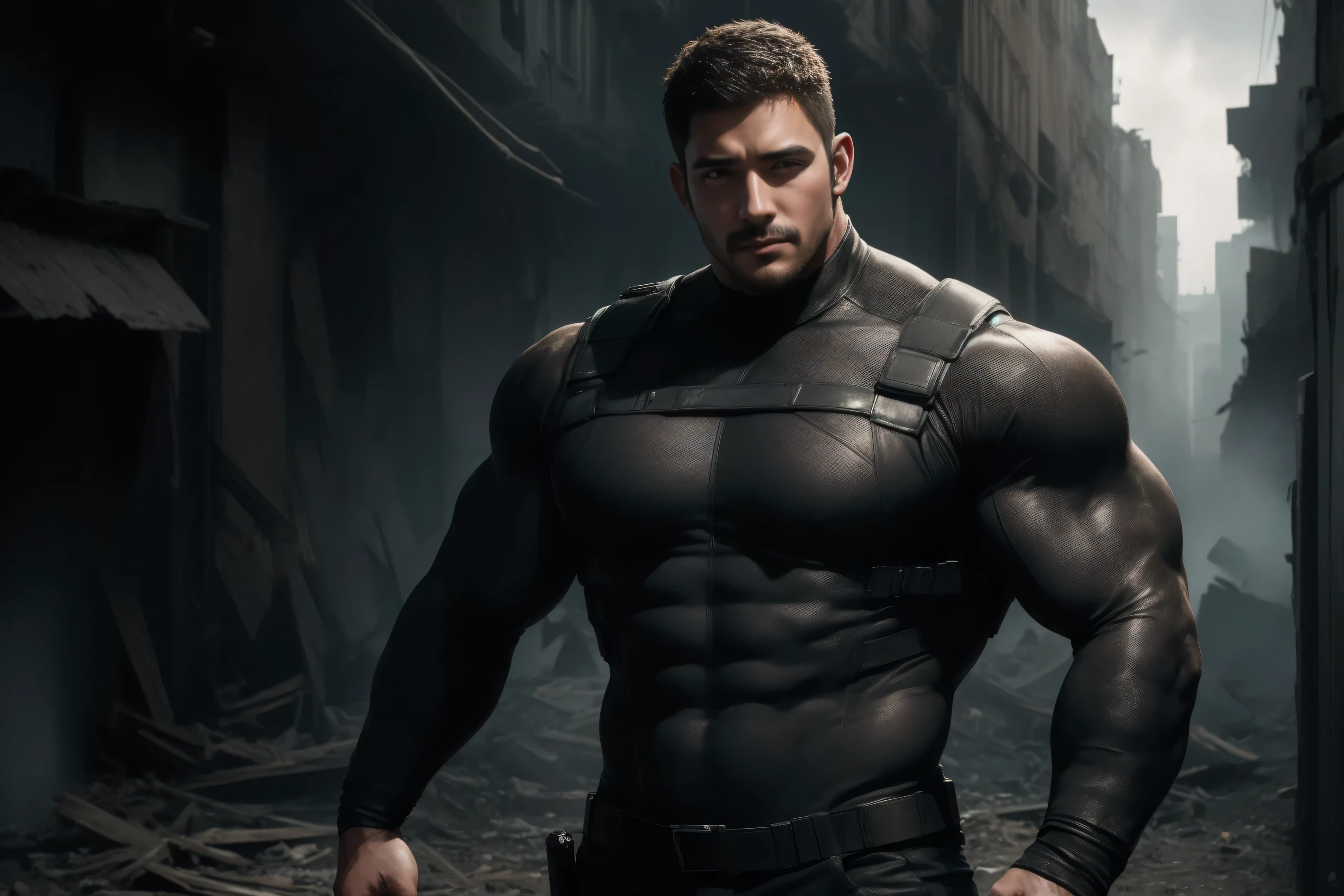 1个Muscular man, Flat head,Ruins in an abandoned city, Wear a high neck ski warm tights, He has a sad expression, Lift your chin, messy hair, thick thighs , High Aims Neck Long Sleeve Gray Brown Superhero Bodysuit, Very tight, Regular symmetrical pattern, High Aimslight muscles, 警服裤, character concept (Resident Evil - Chris Redfield, Chris Redfield) proud expression, Deep charming eyes, heroic male posture, tall Burly, Muscular!Muscular thighs, Tough Guy, Perfect facial features, High Aims, Burly, Heqiang, Super exquisite and cool, High Aims Resolution Committee, Extraordinary Charm , The sun is strong, is dazzling