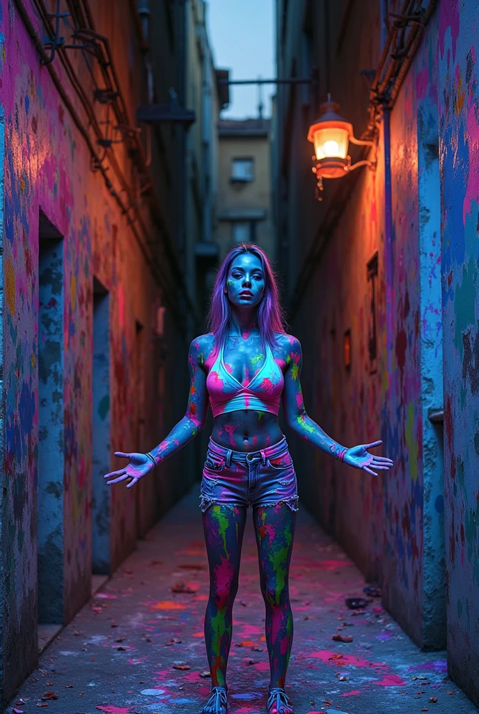 arafed naked woman with black hair with deep blue high lights and body paint, flowing black hair, with black hair, photo of a beautiful woman, long flowing black hair, pink golden hour, curly pink hair, beautiful young asian woman, beautiful asian woman, wild ginger hair, pink wispy hair, light pink hair, a young asian woman, an asian woman, infp young woman, Full body photo of a 22-year-old french girl in RAW UHD format (Black-eyed woman) Walk down the dark alley, night city, Details (textures! , Hair! , glistering, Color!! , imperfections: 1.1), highly detailed glossy eyes (looking at the camera), DSLR Lighting, SLR camera, Ultra-Quality, sharpness, Depth of field, Film grain (beach), Fujifilm XT3, Crystal clear, Frame Center, beatiful face, sharp-focus, street lamp, neon lighting, bokeh ( lit), day time, (open sky), , Complex eye details, nsfw, (((colourful full body paint))), ((smiling)), (((paint covering entire body))), (((a lot of paint))) ((full body paint))