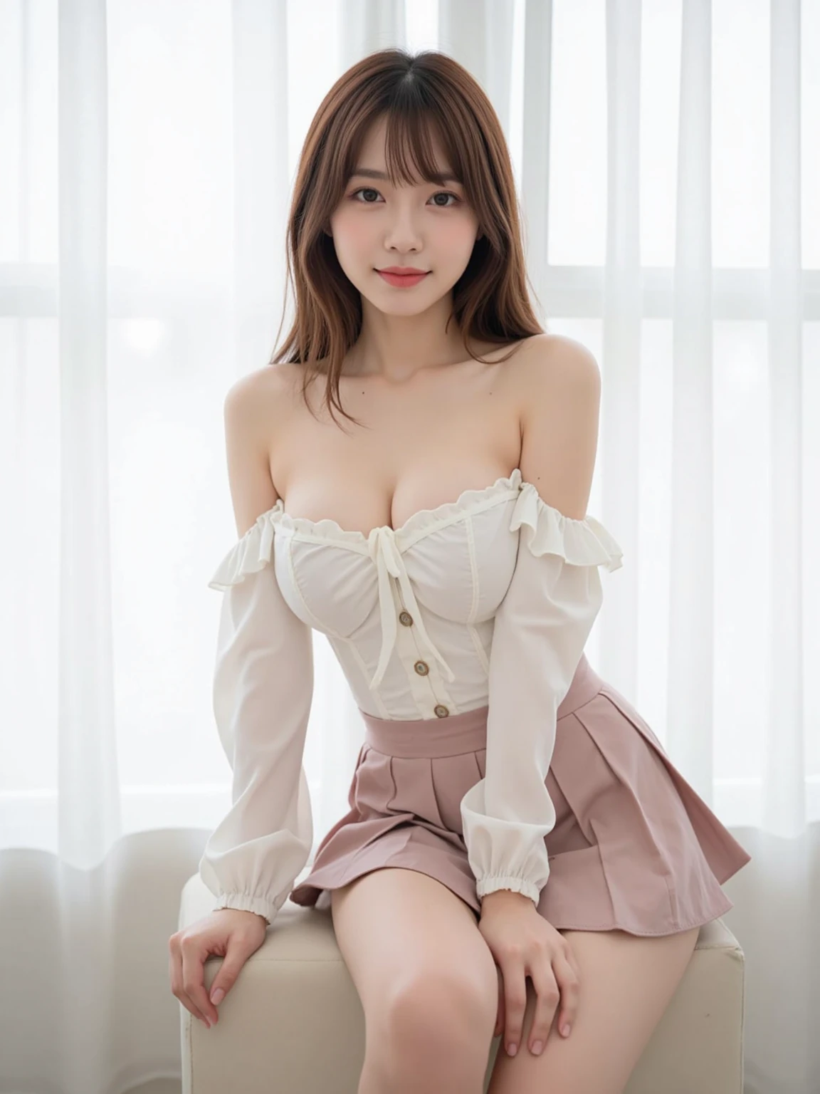 top-quality、Top image quality、masterpiece、Photos showing the whole body、18yo woman, maid costume clothes、dark brown hair、waved hair、Middle Long Hair、bangss、Puffy nipple、Medium milk, cute smile face、(((sit on stairs、open one's legs、Open knees)))、(Emphasis on the chest)、sexy hips、stairway、Photo from below、Pink panty、Photos showing the whole body