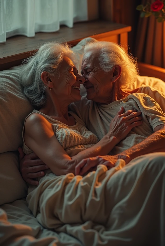 Old mom with son in bed in bikni