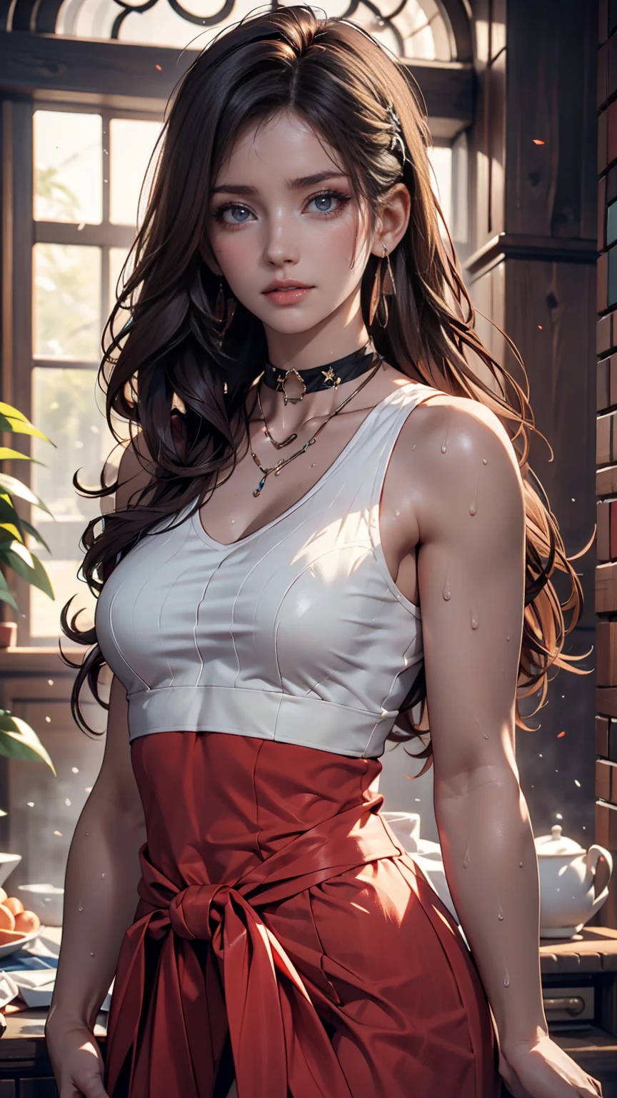 (8k, highest quality, masterpiece:1.2), (Realistic, photo-Realistic:1.37), Are standing, Spread your legs, (Wide stance), Super detailed, 1 girl,cute, alone, (Tifa Lockhart), (medium breasteautiful detailed eye), (smile:1.2), (Mouth closed), Sharp focus, Depth of written boundary, Good composition, Final Fantasy VII, Black Hair, Very long straight hair, Hair bangs, ((red_eye)), complicated, Perfect breasts, suspenders, stockings, Lace gloves, Toned body, Athletic ability, Wide Hips, Narrow waist, Toned arms, Exposing the abdomen, (View from the front)