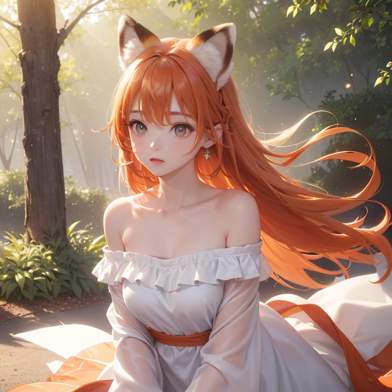 sakimichan, You died and woke up as a fox girl, besides a witch in the 7th generation holding dagger, gradient colored ginger hairs, high detail RAW color photo, fit toned, body, skin pores, sexual, matte, backlighting, natural lighting, hard focus, ray traced, summertime render, photographed with a Sony a9 II Mirrorless Camera, red dress,