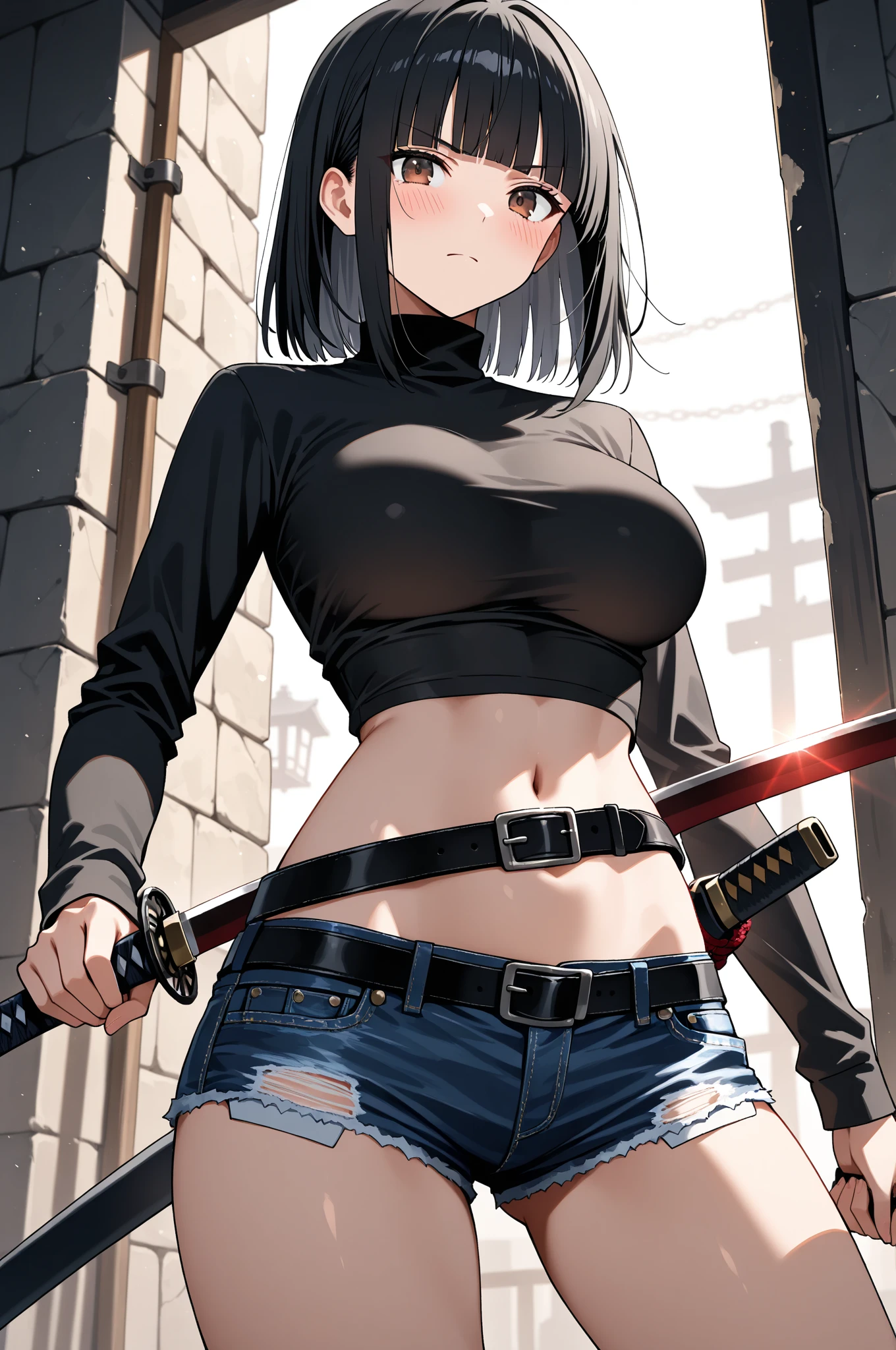 make a beautiful gothic blasian female gunslinger with katanas attached to her back. she has on leather pants, her hair is in a shoulder length bob and she has red eyes. 1800s