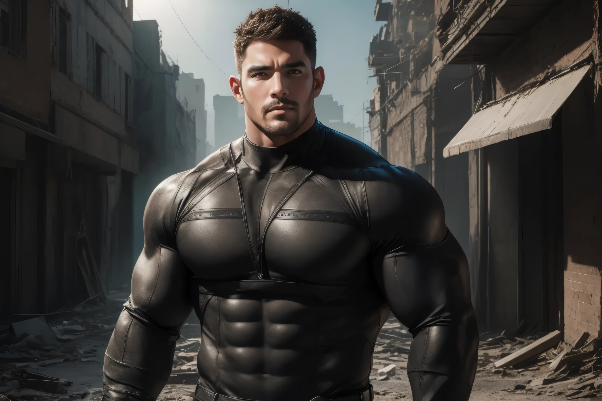Angry super muscular man, Buzz Cut,On the old-style outdoor street under the hot sun, Wear long-sleeved dark brown superhero Black Panther bodysuit, Dark brown denim fabric texture,The expression is arrogant, Thick thighs, Messy hair, Thick thighs, Turtleneck Long Sleeve Dark Brown Superhero Bodysuit, very tight, Regular symmetrical pattern, Highlight muscles, Police uniform pants, character concept(Resident Evil - Chris Redfield, Chris Redfield)A proud expression, Deep and charming eyes, Heroic male pose, tall Burly, muscular!muscular thighs, tough guy, perfect facial features, High, Burly, Heqiang, Super polished and cool, High Resolution Committee, Charismatic, The sun is blazing, dazzling