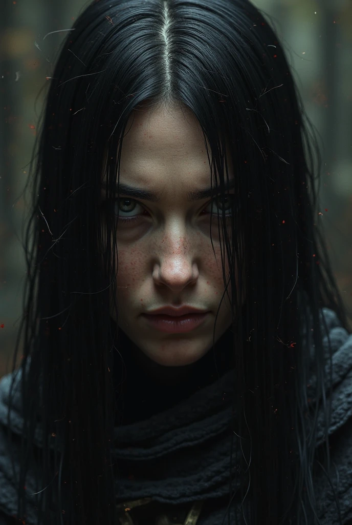 a woman in a black robe standing in front of a group of skulls, alita battle angel, movie still of a snarling, by Nína Tryggvadóttir, viking culture, featured on cg society, white facepaint, pain and torment, vril, resistance --auto --s2