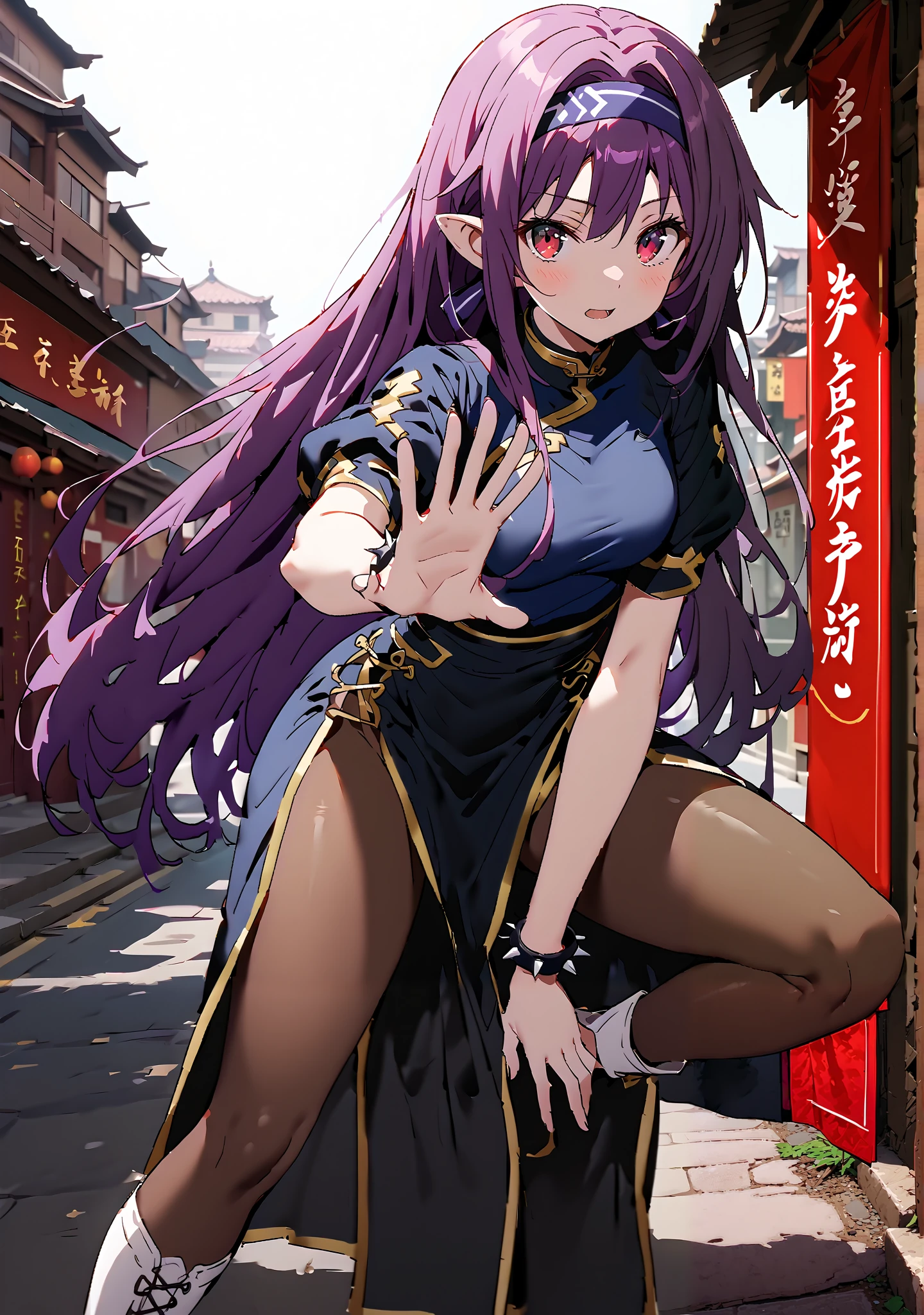 score_9, score_8_up, score_7_up,  source_anime,
 yuukiKonno, Konno Yuuki, headband, long hair, pointed ears, purple hair, red eyes, double chauban ,serious,and open your mouth,chunlicosplay, Chunli \(cosplay\), blue  dress, boots, bracelet, brown pantyhose, china  dress, Chinese clothes, cross lace footwear,  dress,  gold trim,  jewelry, pantyhose, pelvic curtain, puff sleeve, band, short sleeve, side slits when it comes out, spiked bracelet, spike, White footwear,That&#39;s right.,standing, leg up, Leg lift, Beautiful cityscape, combat posture,full bodyがイラストに入るように,                                                        break outdoors,Chinatown,
break looking at viewer,full body,
break (masterpiece:1.2),Top Quality , kampala, Unity 8K Wallpaper ,(shape:0.8),(  fine, beautiful eyes  :1.6),It's a person ,full body写真,CG Details , (perfect hands with full nudity, complete anatomy),