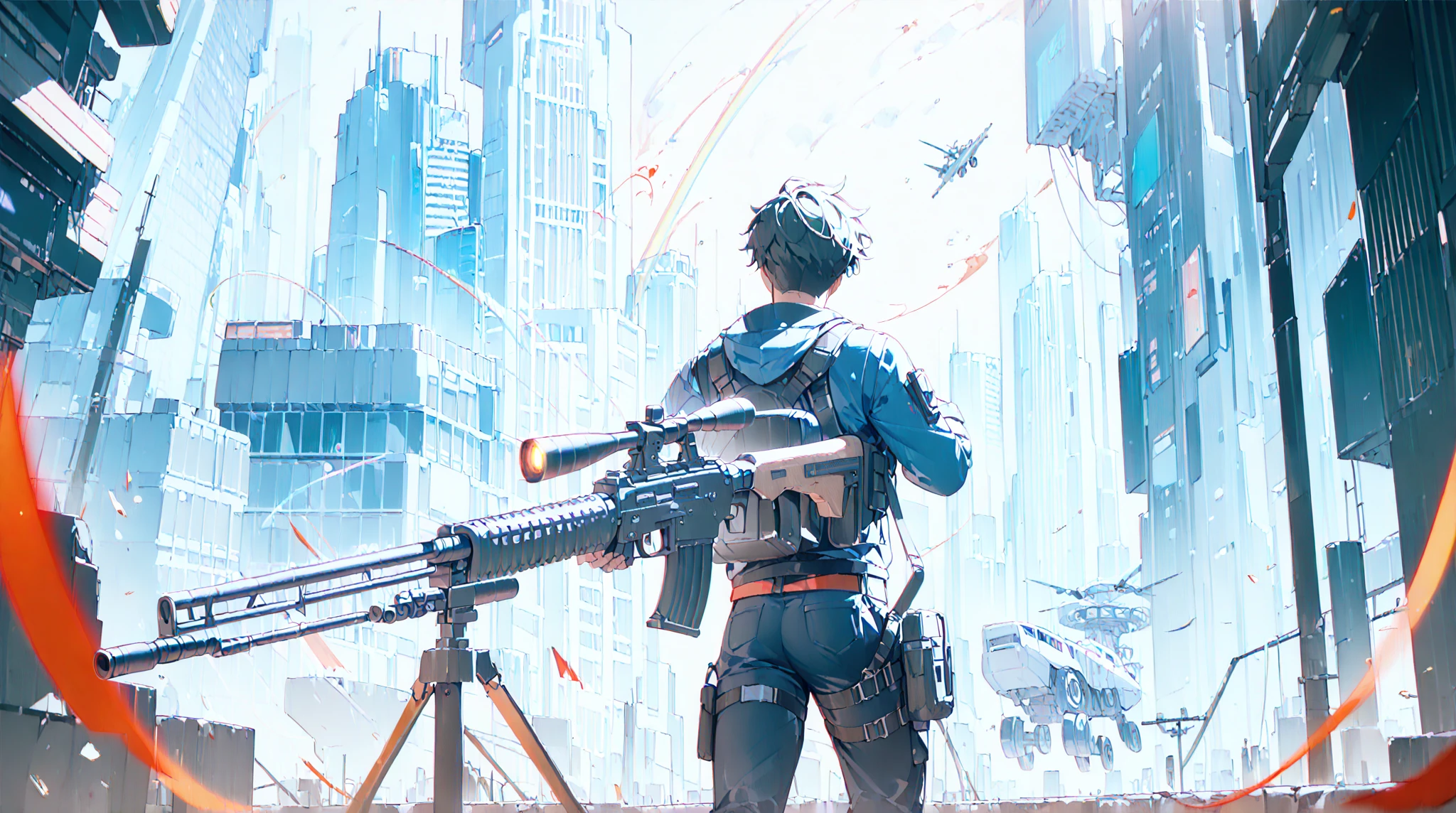 sky, cloud, holding_weapon, no_humans, glowing, , robot, building, glowing_eyes, mecha, science_fiction, city, real, mech, snipe colony with strongest beam and shoot down, double rifle possession, beam funnel strafing, attack, sniper and space colony explodes, humanity's strongest weapon