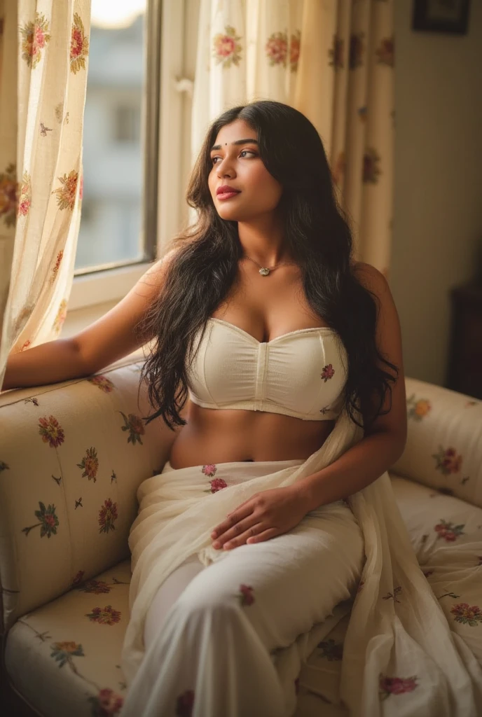 ((RAW, analog style)), extremely detailed photograph of 30 y.o woman similar to (Sonam kapoor:1.3),(Pooja Hegde:1.2), with ((duskt complextion)) ,wearing ((saree without blouse)), ((sitting on bed seductively)), showing (cleavage:1.5), ((sexy legs)), ((body in full growth)), ((body in full-length)), ((hands down)), Supermodel pose, hyper realistic, cinematic lighting, wide-angle,photographed using ((Canon EF 50mm f/1.2L USM Lens)), ((film grain, skin details, (high detailed skin texture:1.5),64k, dslr,  hdr,  uhd)), masterpiece,intricate, elegant, highly detailed, centered, smooth, sharp focus, soft makeup, sharp detailed eyes, thin lips, slender body, young face, realistic, ultra detailed, detailed, masterpiece,)
, [:(detailed face:1.2):0.2]: