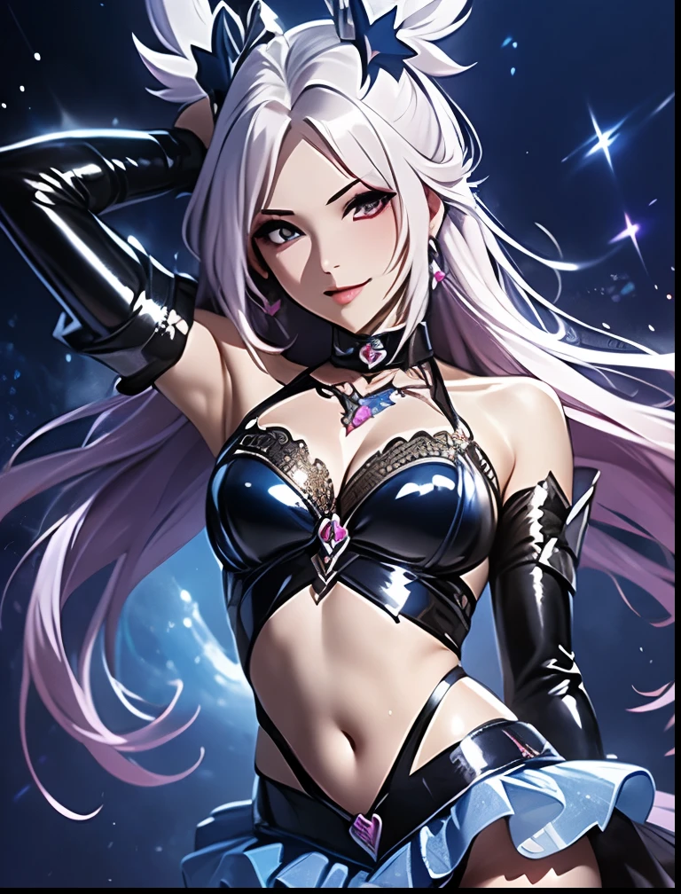 Sexy and super petite girl with white hair and super beautiful blue eyes, Super cute and super lovely, with perfect anatomy using a white and gold leotard, White socks with violet bow and tight white gloves, con piernas perfectas y espacio entre los muslos, viendo hacia el espectador con un helado en la mano, helado y estrellas en el fondo, (CG extremadamente detallado, unidad, Fondo de pantalla de 8k: 1.1), Phantasmal iridescent,