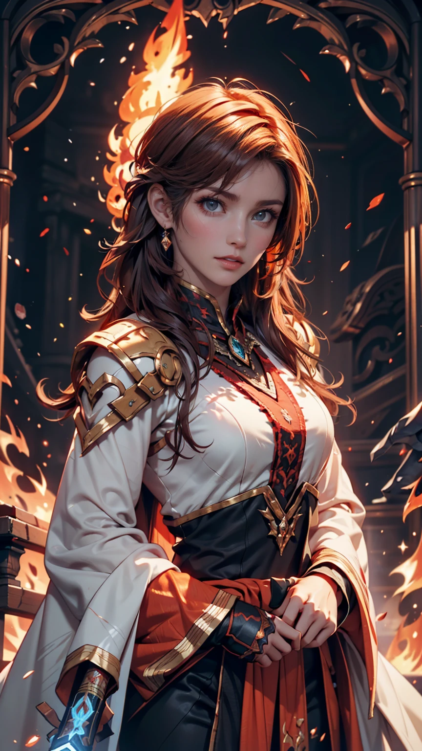 Highest quality, Ultra-high resolution, (Realistic: 1.4), Beautiful eyes, Super beautiful, Beautiful beauty, One person、Wizard, Western style red tones、inflammation、whole body、(Golden Hair、ponytail),Beautiful soldier, Eyes that beckon, Droopy eyeistress's point of view, Attractive look, Fearless smile, (Perfect Anatomy, Anatomically correct, Highly detailed skin), Dancing,
