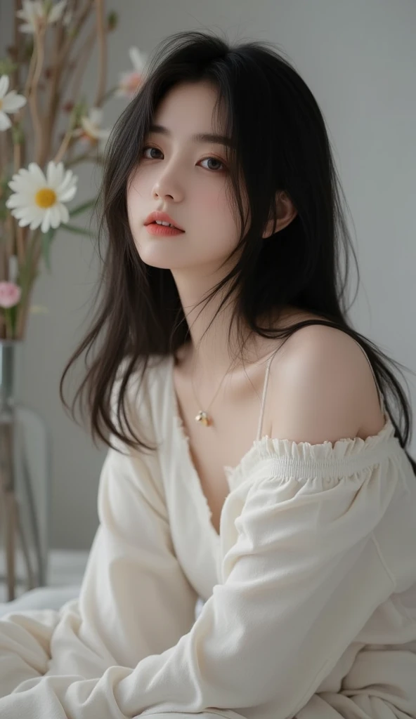 Masterpiece: 1.2, (Best Quality), Realistic, Beautiful Lee Ji-eun (IU) Face (3.0) Bust (Real Picture, Intricate Details, Depth of Field), Short Sleeve Black T-Shirt Shyness Pose (Chest Size 1.2) (Smile) Delicate Facial Features (1.8) (Fair Skin, Delicate), Dreamy Beautiful Scene Miniskirt Thin waist