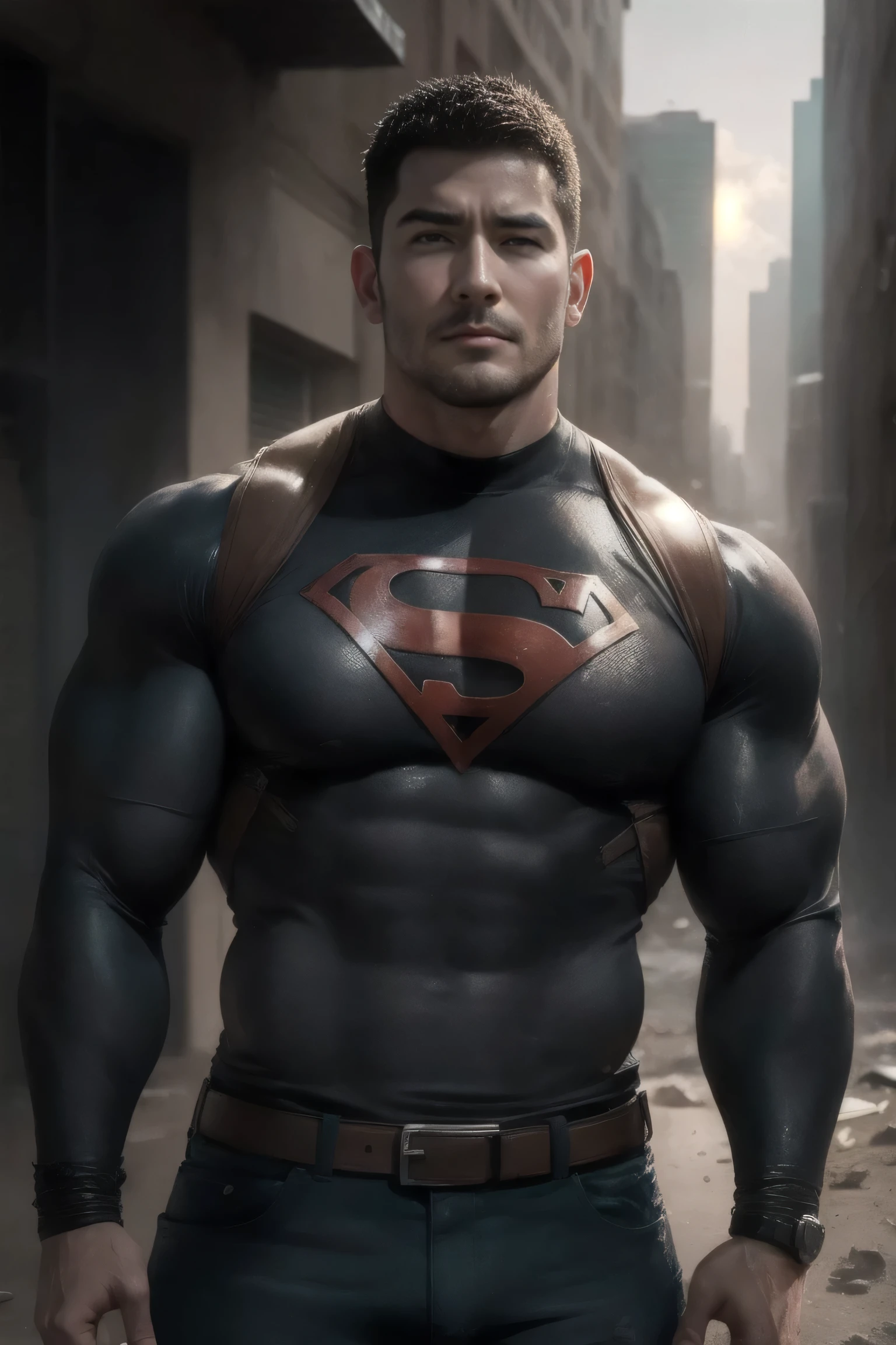 1boy, Chris Redfield, solo, facial hair,34 yrs old, dom, male focus, flaccid , pectorals, bara, muscular, matur, muscular male, abs, beard, ring nipples, shr, navel, stomach, large pectorals, thick eyebrows, bare pectorals, fair-skinned male, erection, thighs, enshin_style, erection under clothes, caerica costume, bodysuit, latex bikesuit , dark skin, tie, open shirt, pectoral cleavage, cowboy shot, captain Ameform, feet out of frame, thick thighs, looking at viewer, masterpiece, 4k, high quality, highres, absurdres,