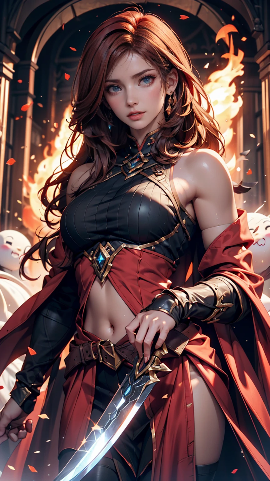 a beautiful fire goddess, fire magician, fire  elemental, intricate design and details, hot mist, fire, blizzard storm, conjuring fire spell, casting fire spell, red dress, realistic ice effect, fire  particles, dark fantasy art style, ruined city, dramatic lighting, cinematic
