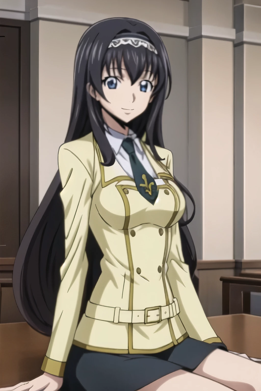 from side, girl, beautiful eyes, black hair, long hair, hair band, smile, anime screen cap, sitting at school room, school uniform, skirt, shirt, looking book,(Anime style, masterpiece, best quality , High Resolution , anime color , Anime style, sharp, 8k, realistic), beautiful eyes, digital animation art!!, anime style, Official Artwork , visual novel CG, 