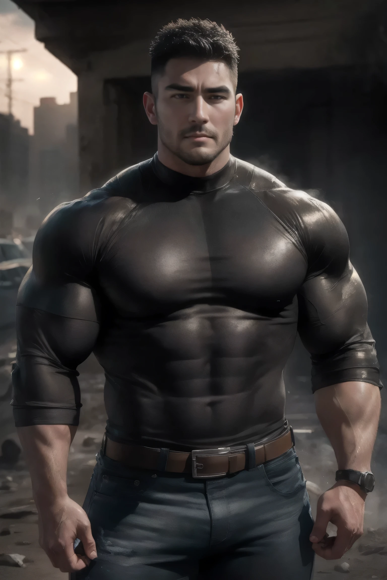 Two MuscularSupermen embrace affectionately,  VERY STRONG ，Ruins in an abandoned city, Wear a high-neck, black-and-gray striped denim textured long sleeve tight t-shirt, Cowboy texture ，He has a sad expression， Lift your chin, messy hair,   with sweat on the face ， thick thighs  , High Aims Neck Long Sleeve Gray Brown Superhero Bodysuit, Very tight, Regular symmetrical pattern, High Aimslight muscles, 警服裤,  character concept （Resident Evil - Chris Redfield, Chris Redfield） proud expression,  Deep charming eyes, heroic male posture, tall Burly, Muscular！Muscular thighs, Tough Guy, Perfect facial features, High Aims, Burly, Heqiang, Super exquisite and cool, High Aims Resolution Committee, Extraordinary Charm , The sun is strong,  is dazzling