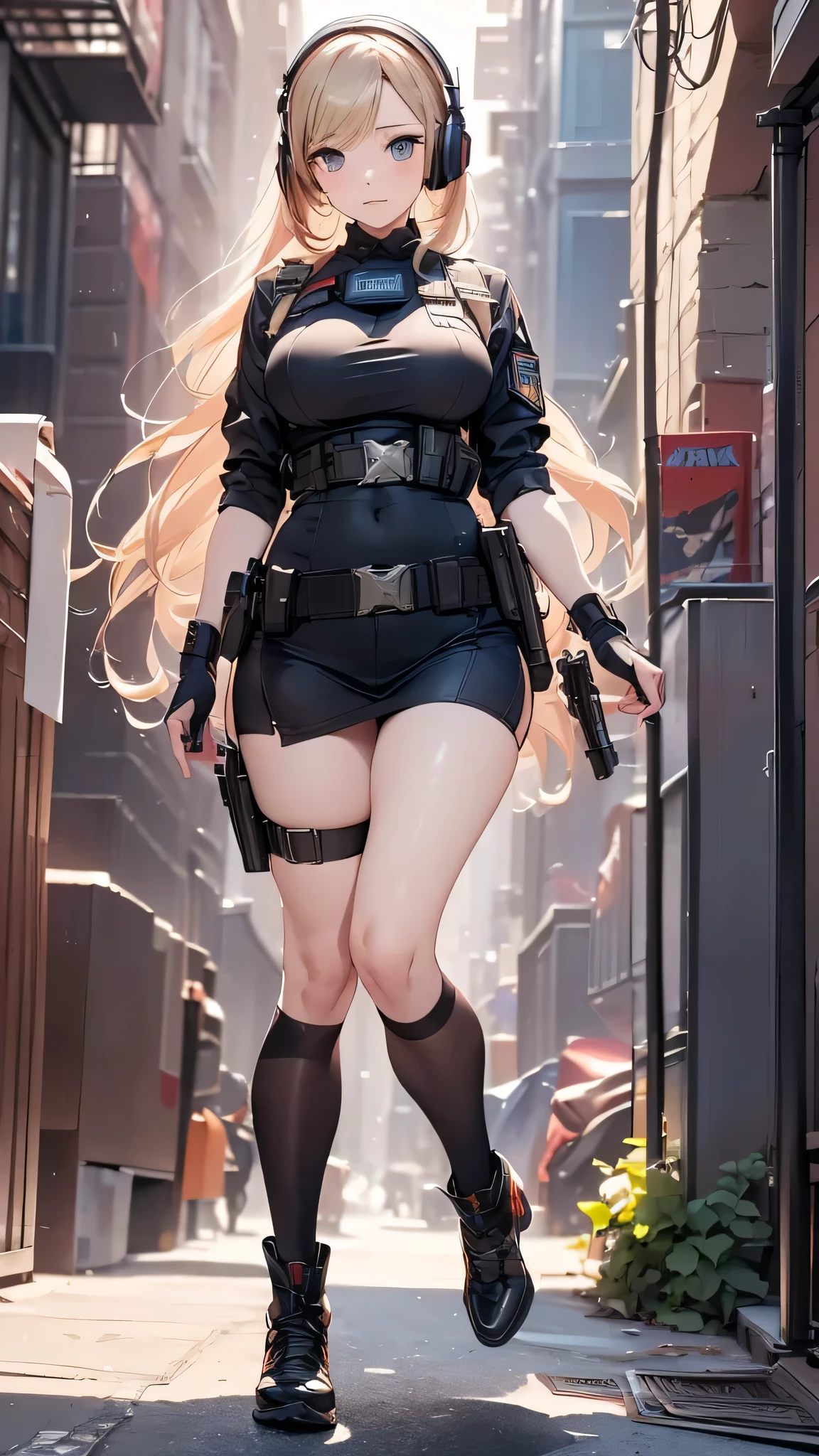(masterpiece,Top Quality,Top Quality,very detailed,High Resolution),8k, wallpaper,one woman,American Women,blond with a big face,(beautiful eyes,beautiful hair,beautiful skin,beautiful face),Serious,full body,(((Shootout in a narrow alley ))),(Dynamic exercise),((pistol)), New York City Police Special Forces uniform, Bulletproof Vest ,Combat Boots,Tactical Foster, Tactical Headset ,( The background is New York City :1.6),((( background blur )))