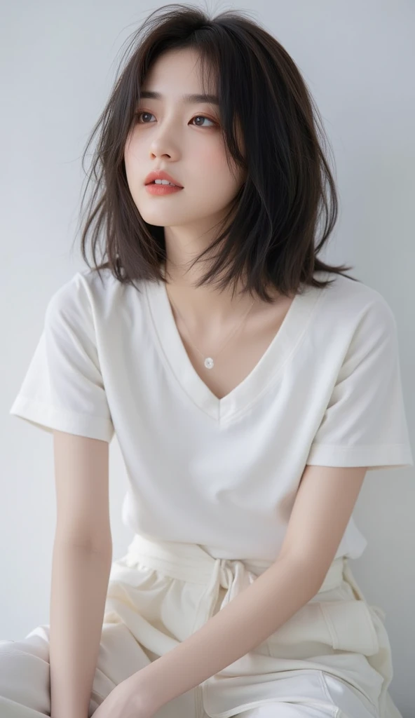 30-year-old female, Very short hair, Face without makeup, Silky white skin, sexy, Narrow waist, Navy blue T-shirt, White wall in the background