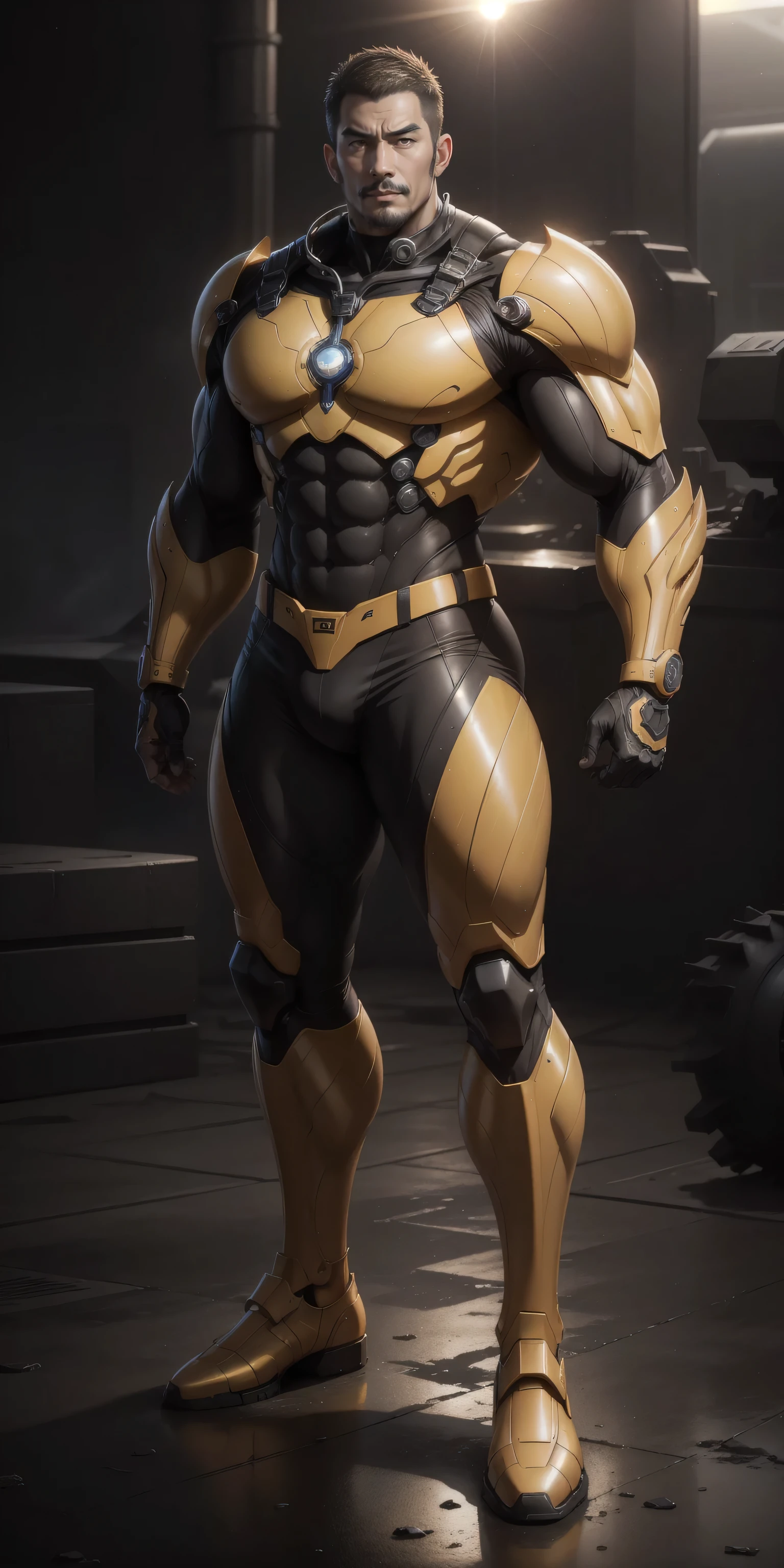Tall giant muscular police officer，Yellow and black camouflage patterned nano mecha，Honeycomb pattern，Lightweight texture，Character Concept（Resident Evil - Chris Redfield，Chris Redfield）senior police officer，Small grid texture，Regular symmetrical texture pattern，Sad expression，Deep and charming eyes，Standing in a bright mechanical laboratory，Emerald Eyes Hero，Heroic male pose，Tall burly，muscular！Attractive leg muscles，High target, Burly, Heqiang，  Super Buff and Coolness， High Resolution Committee， Bigfoot yellow-gray ultra-thin nano-mechanical boots，Charismatic strongman，The bright sunshine shines on you，Matte particles，Shiny texture