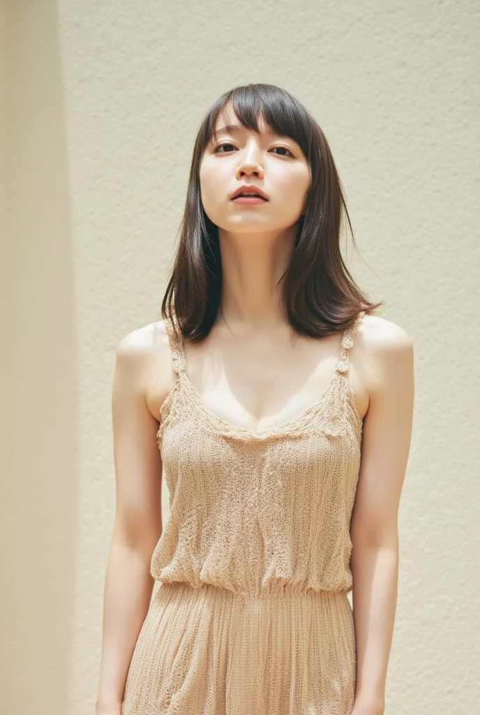 (((Highest quality,Very detailed,masterpiece,Very detailed))) ,(((Downward))),((Spread your legs)),loose breast,Camisole with showing through,one piece,barefoot,One Girl,Realistic,Bedroom、Looks sleepy