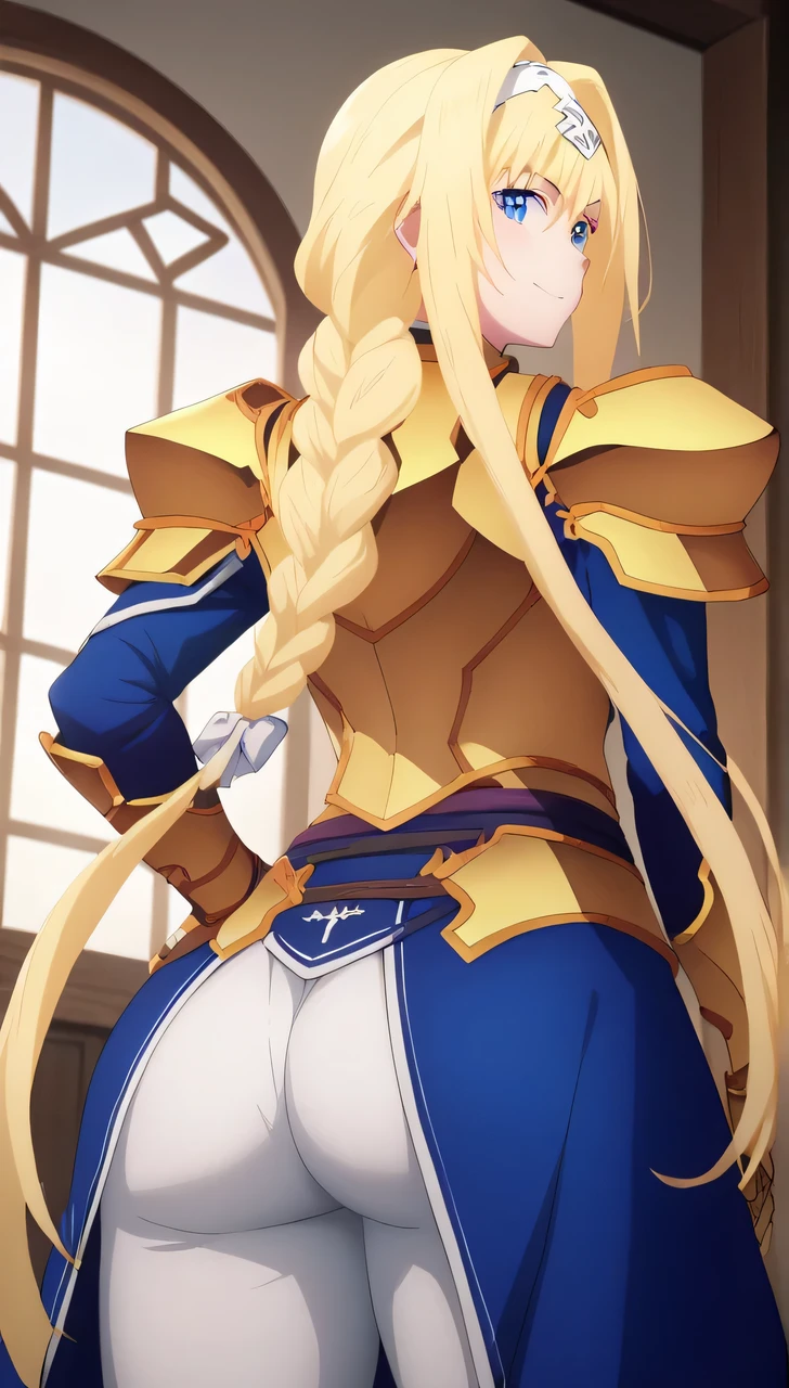 room, Score_9, score_8_up, score_7_up, score_6_up, source_anime, rating:general, 1girl, back view, upper body, from below, beautiful woman, mature, beautiful body, huge ass, heavy bottom, curvy, thick thighs, white skin, waiting for sex, standing, ass view, looking at viewer, excited, beautiful face, smug smile, closed mouth, hand on hip, random sexy pose, slut, 1 girl, alice zuberg, bangs, blue eyes, blonde hair, hair between eyes, very long hair, braid, hairband, white hairband, armor, panty lines, arousal, 8k, best quality, high quality, wallpaper
