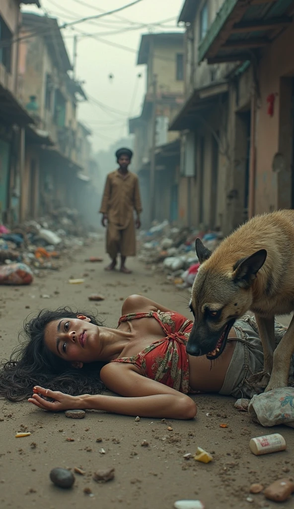 Make an 4k 9:16 photo of an indian girl standing nude in indian Street at night and people gathering near him the dog barks at him and some people trying to do sex with him