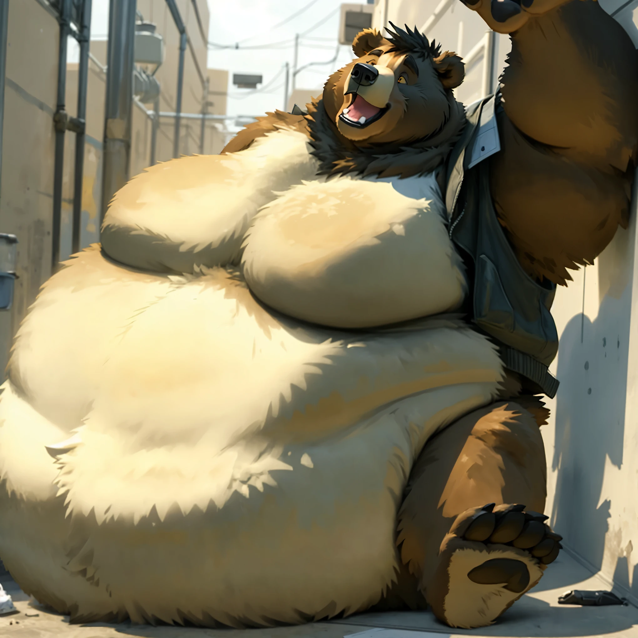 ((Masterpiece)),((Hight quality)),((Hught Detailed)),((Realistic,)) Anime Artistic masterpiece art, Concept anime art, Furry character, full body picture, Furry character, Kemono art, Anime very Obese Anthro Werebear, a full body image, He is a huge, strong boy who is playing with his cell phone in his small room on a hot day, Anime Style