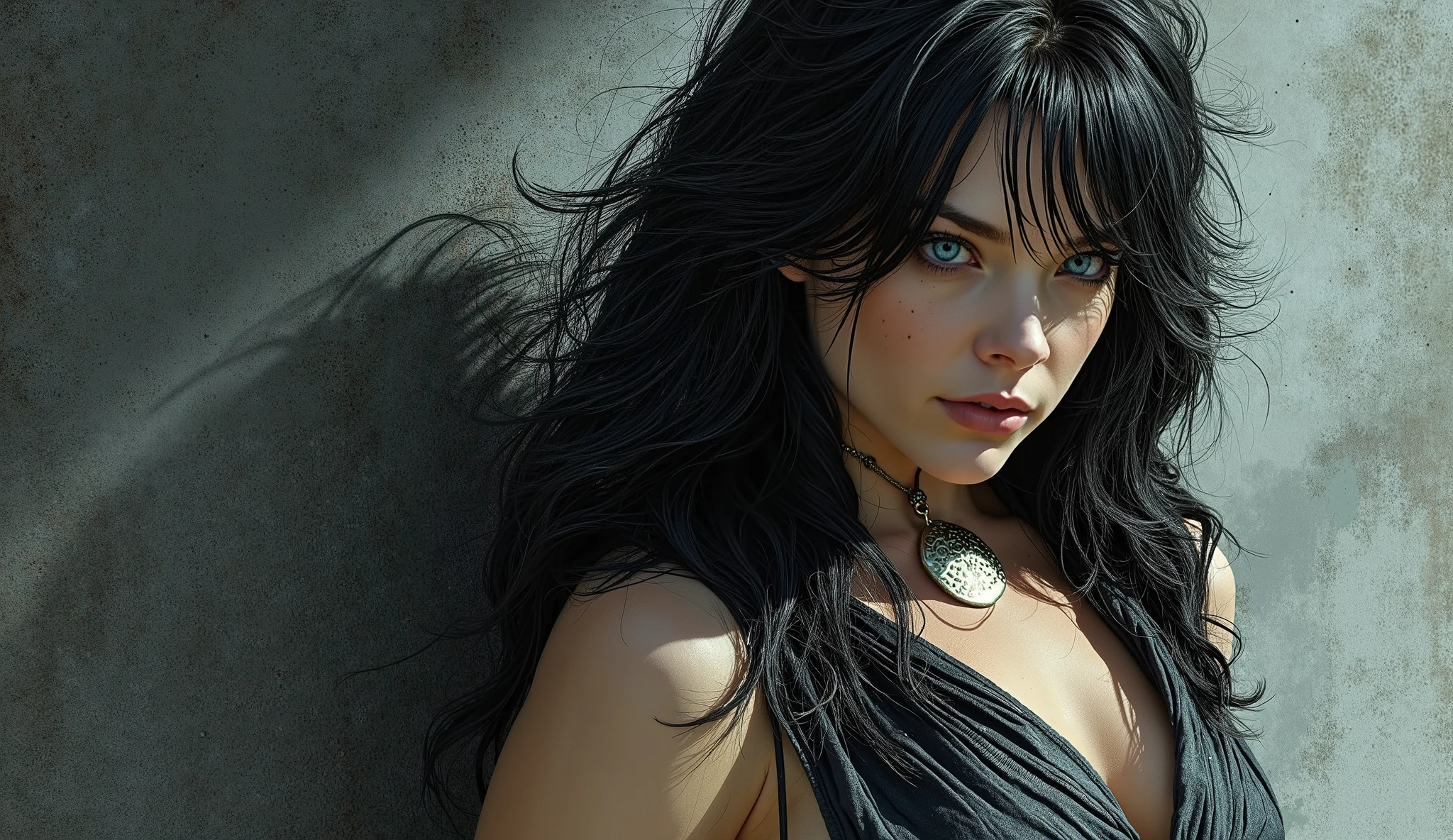 An extremely detailed comic book illustration in an art style inspired by Frank Miller and Conan the Barbarian featuring an extremely curvaceous stunningly beautiful woman portrayed by a young Alexandra Daddario with long distressed black hair pale skin and stunning blue eyes wearing a metal/punk aesthetic outfit with an alluringly sinister yet mischievous expression. The artwork has a moody aesthetic with a textured background in charcoal gray and cement tones. The composition showcases a strong, confident portrayal with dramatic lighting that emphasizes the detailed rendering of her clothing, jewelry, and facial features. The artistic style demonstrates considerable skill in creating realistic textures and lighting effects. Standing in a dynamic action pose. Trending on Art Station.