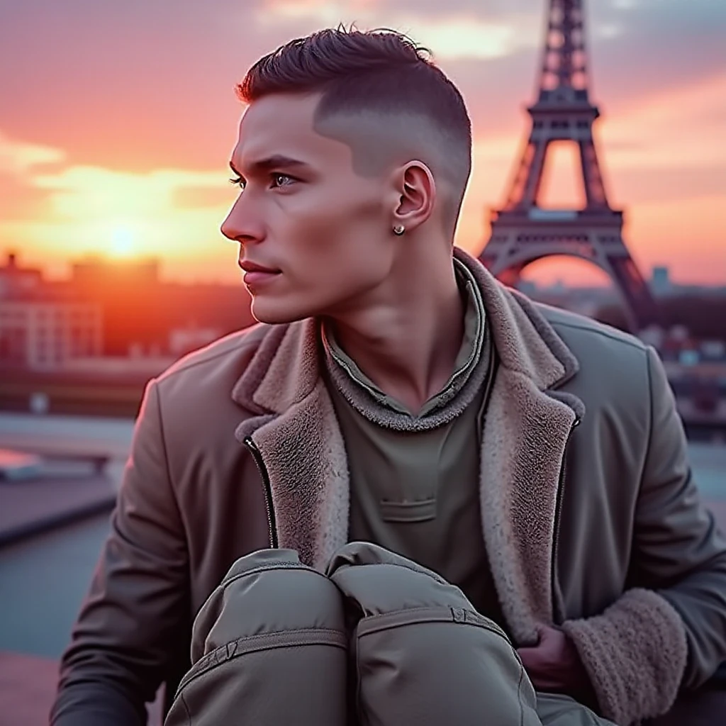 hyperrealistic, (masterpiece), high details, ultra-realistic, (a slim french man), shaved, legs apart, chav, naked, huge penis, octan light, 32k, close, blurry background, Paris balcony, tattoo