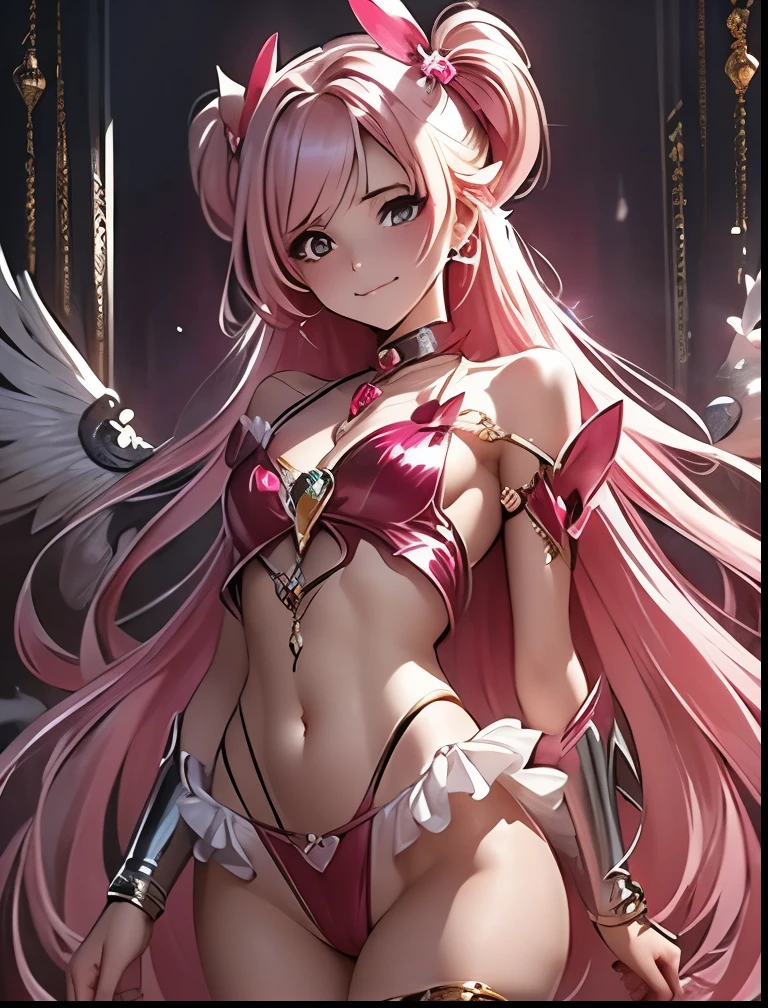 (((SFW、Highest quality、 first class masterpiece 、 normal body of a real person 、8k、 detailed face 、 super precise、 real color 、5refer to、Highest)))、Pretty Cure、Pink silver hair、Magical Girl、pretty girl、 Navel Exposure 、Big Breasts、Slender、 slim、high leg white slingshot、Panchira super pecial Moves from the Palm、Open Legs Embarrassing Pose、Fall into Darkness、Heart pimple on navel、Heart dirty print on chest、dark light、hypnotic state、Hypnotic、 My eyes glow strangely in pink 、hollow eyes、Chain Lead Slave Iron Collar、Female slave、Brain washing is complete、kind smile、Calm expression、ChainBondage