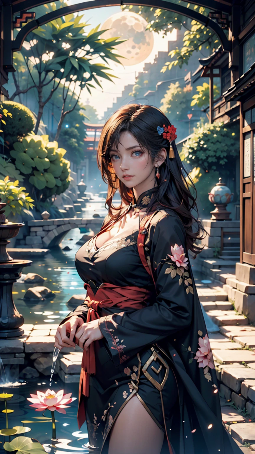 (RAW shooting, Photorealistic:1.5, 8k, Highest quality, masterpiece, Ultra-high resolution), sengoku, Perfect dynamic composition:1.2, god秘的:1.3, Highly detailed skin and facial textures:1.3, A beautiful female samurai holding a Japanese sword in an upper stance:1.1, Beautiful and big breasts、aesthetic:1.2, Cute and sexy beauty, Perfect Style, god, fire, water, Wind, thunder, ice, Fair skin, Very beautiful face, (Mid-chest, Chest gap), (Embarrassed smile, Her facial expression when she felt intense caressing, Facial expressions when feeling happy), (Let me&#39;s wear the sexy sengoku uniform:1.1, Off the shoulder), (Beautiful Blue Eyes, Beautiful erotic eyes:0.8), (Too erotic:0.9, Fascinating:0.9), Full Body Shot, 背景にある日本のgod社、Cherry Blossoms at Night