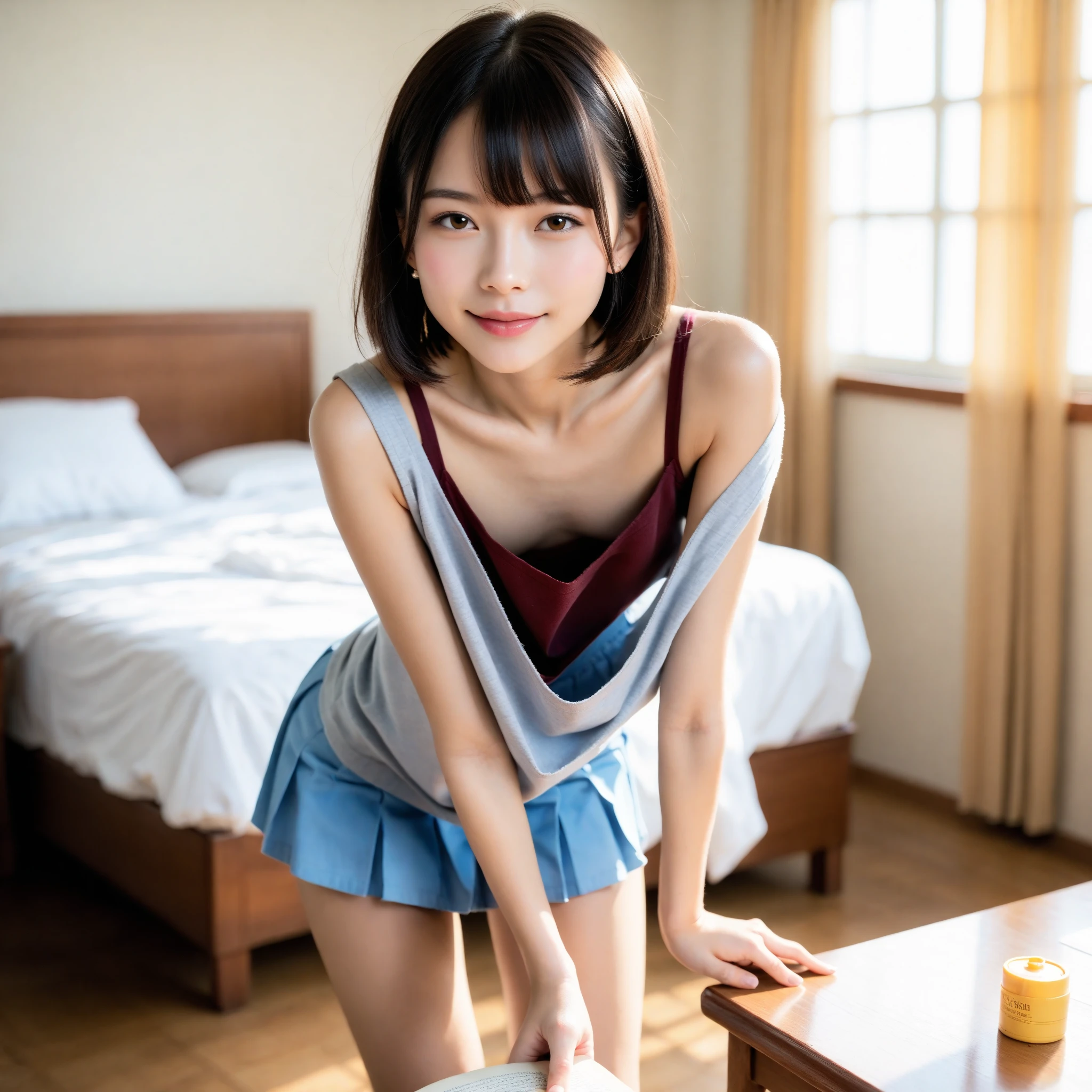 One Girl, short hair,Black Hair,smile, summer, room,Bed,Relaxing,Down to the feet,, Look at me, Navy blue tank top,Pink Skirt,Slender body,Small breast swelling,transparent, (masterpiece, Highest quality), Soft Light, Structure of the film, Cinematic