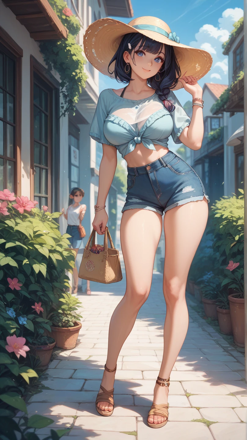 1girl, anime girl, anime, (dark skin), stylish girl, bracelet, necklace, earrings, 2d girl, 18y, (fullbody), standing, anime girl, seductive smile, (purple hair), flowing hair, hair flowing in the wind, ((darkblue blouse)), Solo, Slim, Big Breasts, Tight Shorts, low waist shorts, upshorts, outdoors, night background, flowers, looking at viewer, darker shadows, (((Wedgie))), (((explicit))), (((shorts))), (((absurdres))), (((thigh gap))), (((cameltoe))), (((cleft of venus))), (((lowleg shorts))),